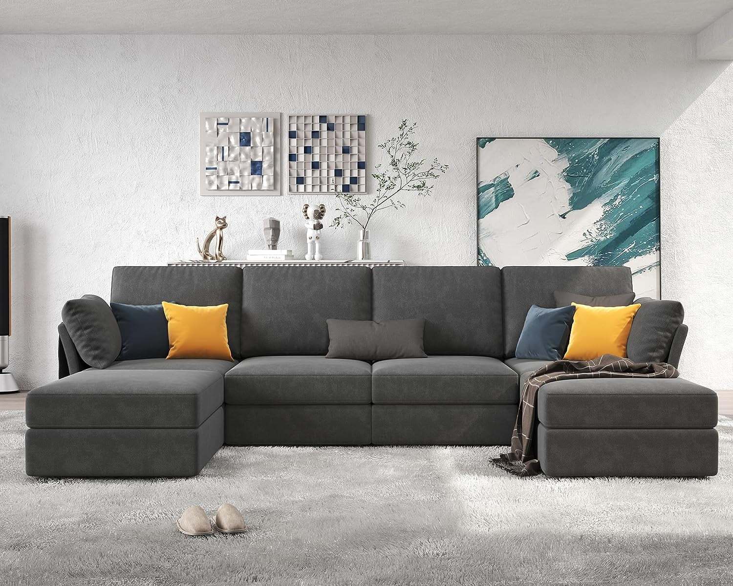 Amerlife 131 Inches Modular Sectional Sofa, Oversized Sectional Sofa with Storage, Ottomans, 6 Seats U Shaped Couch with Chaise- Chenille Gray