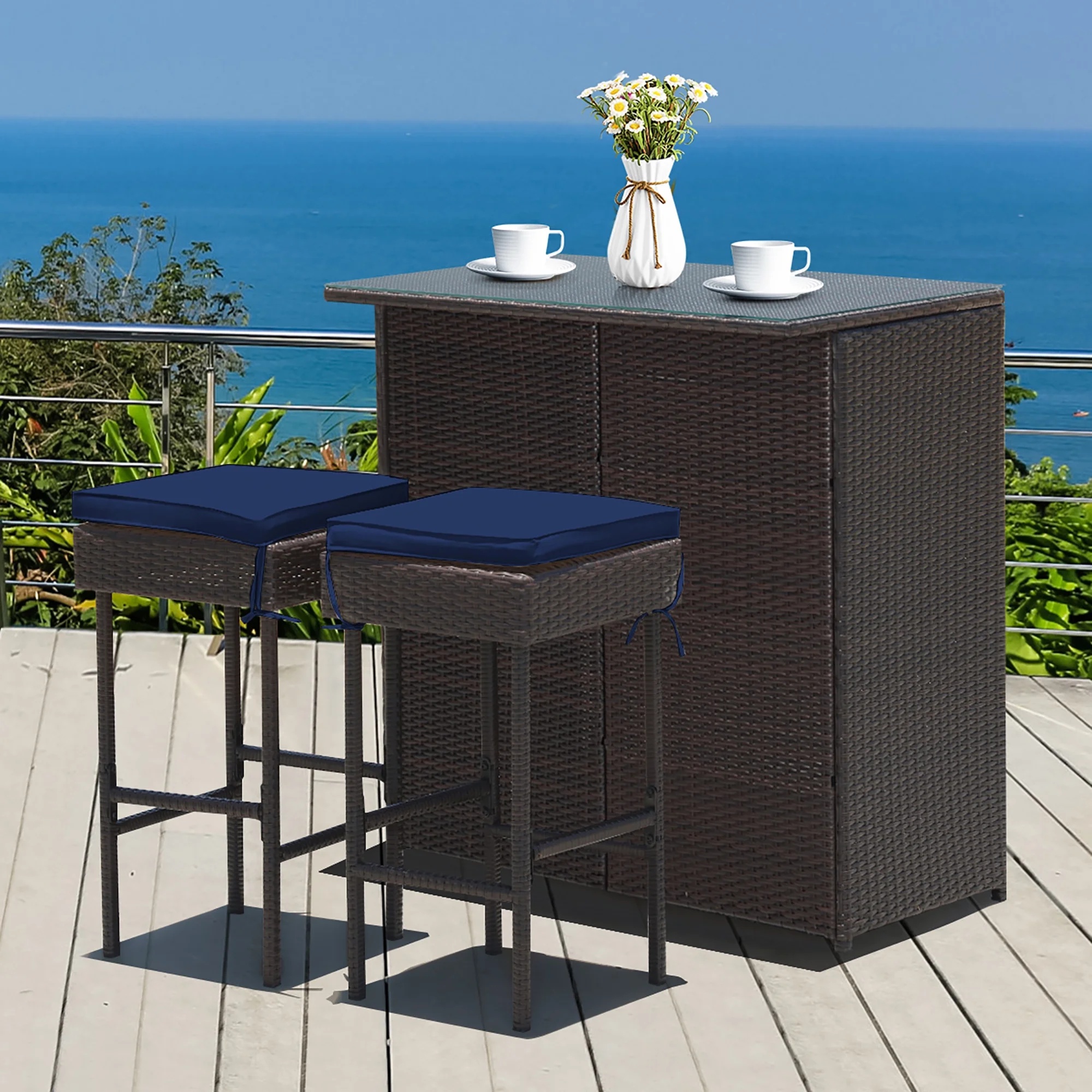 Costway Patio 3PCS Rattan Bar Table Stool Set Cushioned Chairs with Gray & Off white Cover - Image 20