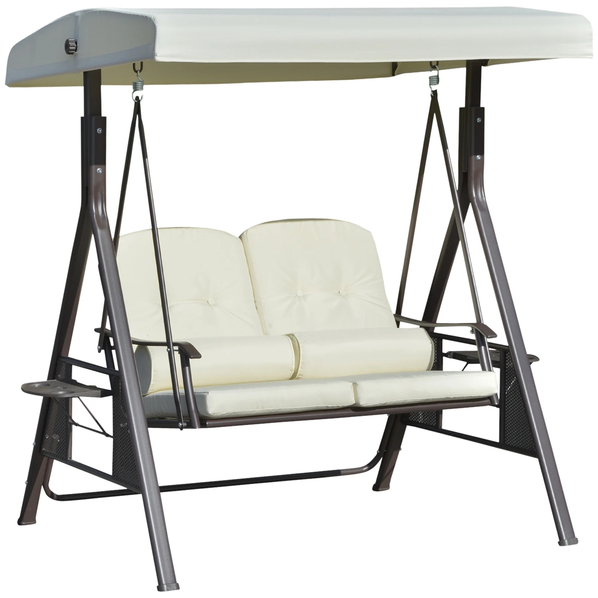 Outsunny 2-Person Patio Swing Bench with Adjustable Shade Canopy, Soft Cushions, Throw Pillows and Tray, Beige. - Image 2