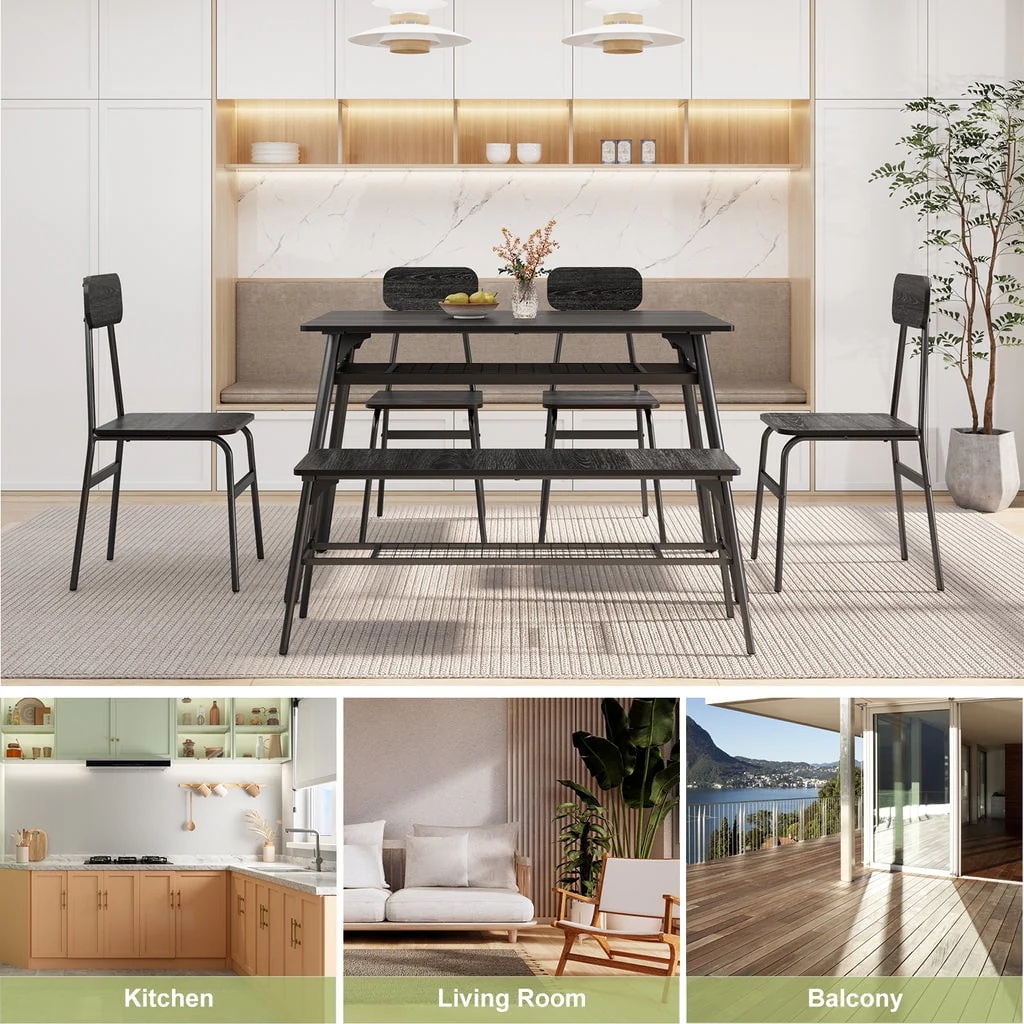 Aiho Dining Table Set for 6 with Storage Rack for Your Daily Meals and Parties - Black - Image 11