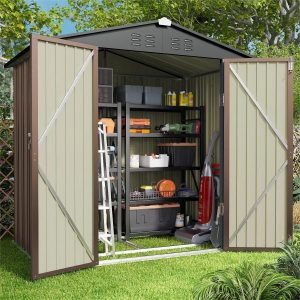 Lofka 6 x 4 FT Outdoor Shed for Storage, Metal Garden Shed with Double Lockable Doors, Brown