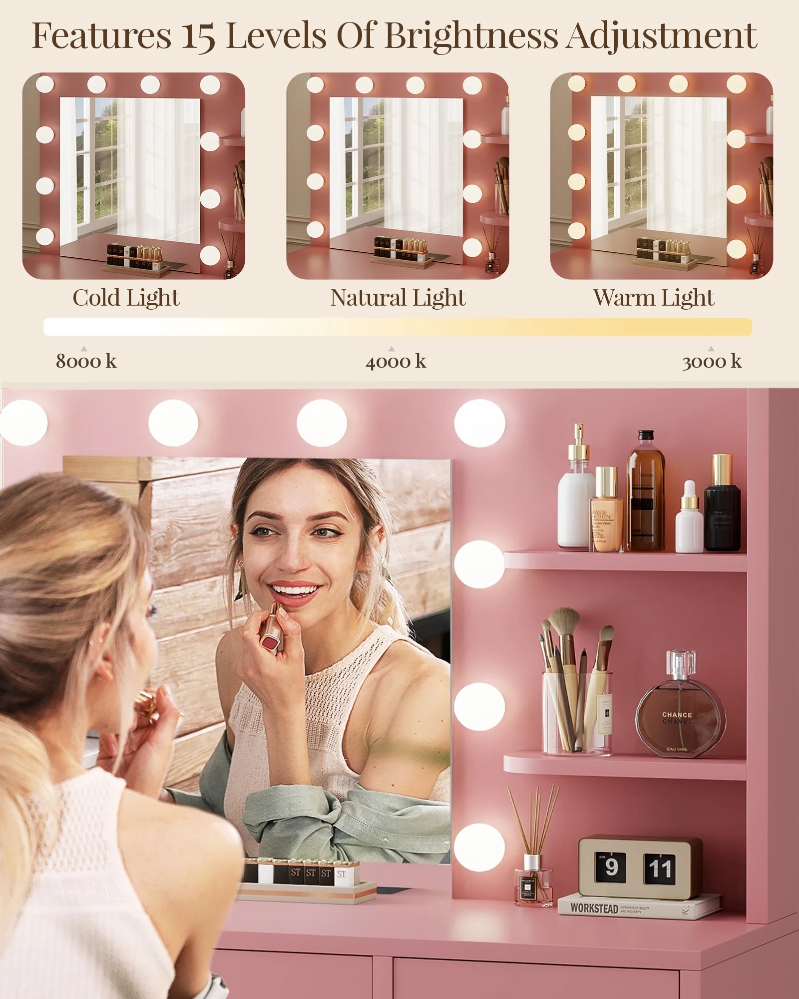 LIVELYGLOW Vanity Desk with Mirror and Lights, Makeup Vanity with Drawer & Storage Shelves, Cabinet, 3 Lighting Modes Adjustable Brightness,White - Image 46