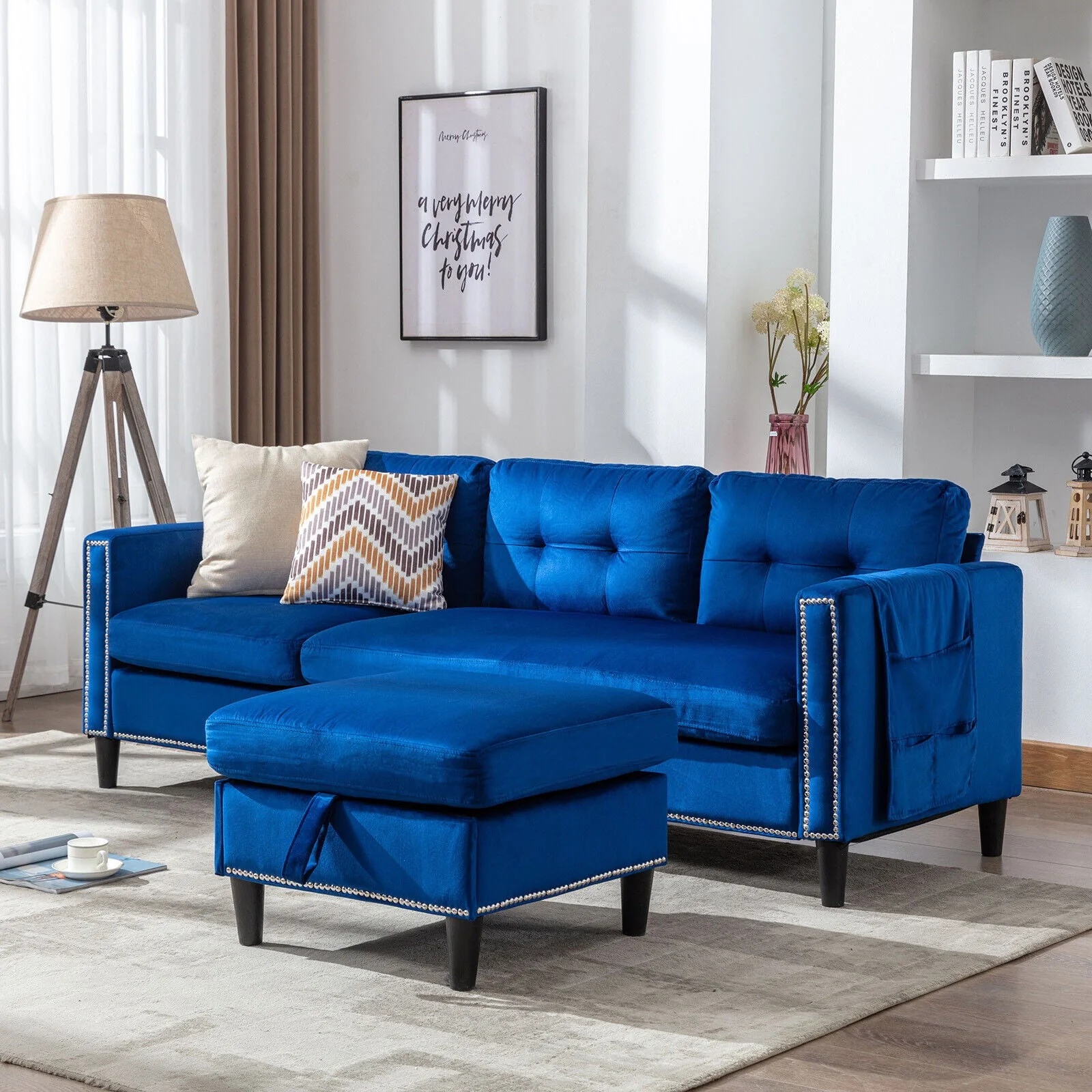 COSVALVE 78" Blue Sectional Couch Velvet Combination L Shaped Sofa with Removal Ottoman, USB, Pocket Storage - Image 3