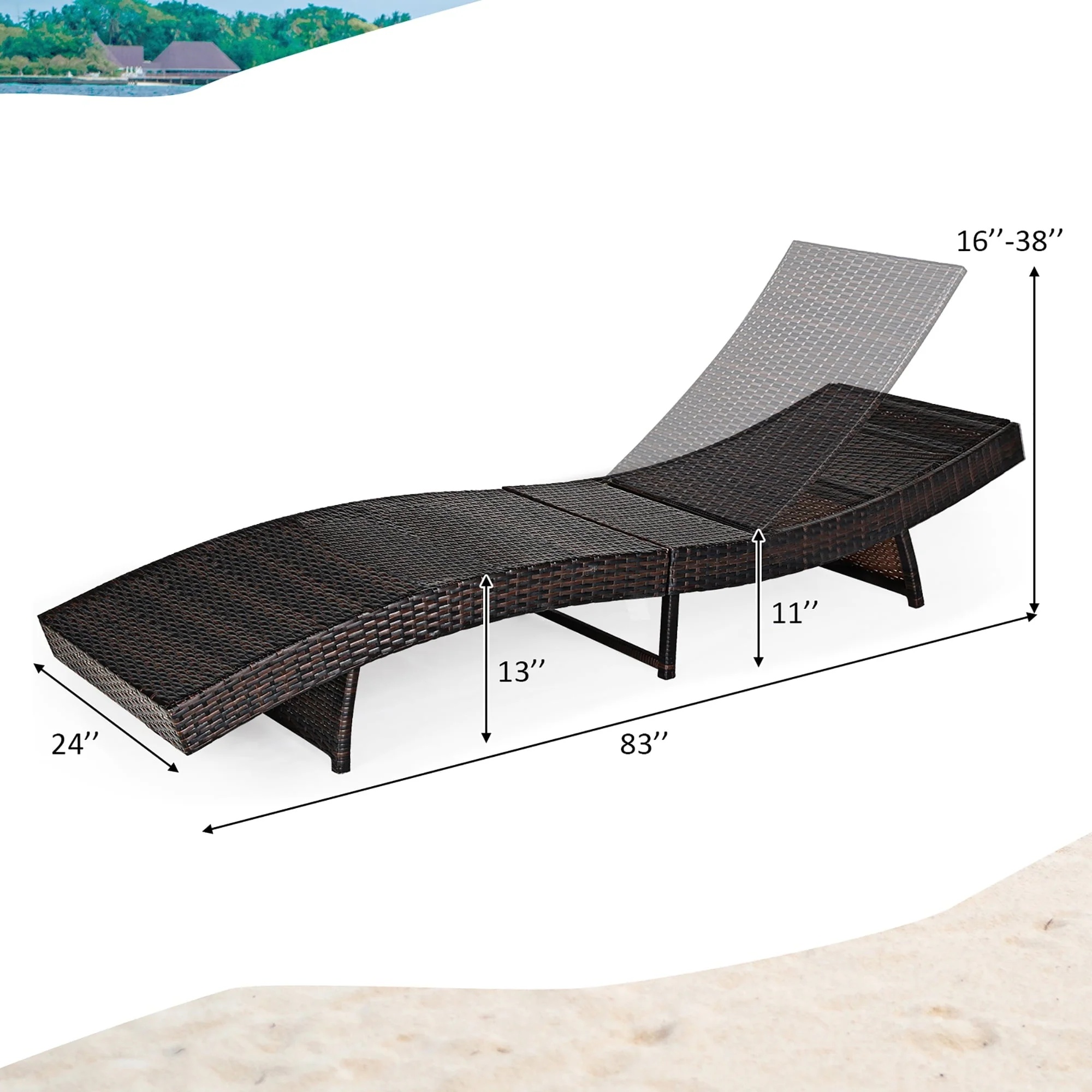 Costway Patio Rattan Folding Lounge Chair Chaise Adjustable W/Turquoise Cushion - Image 6
