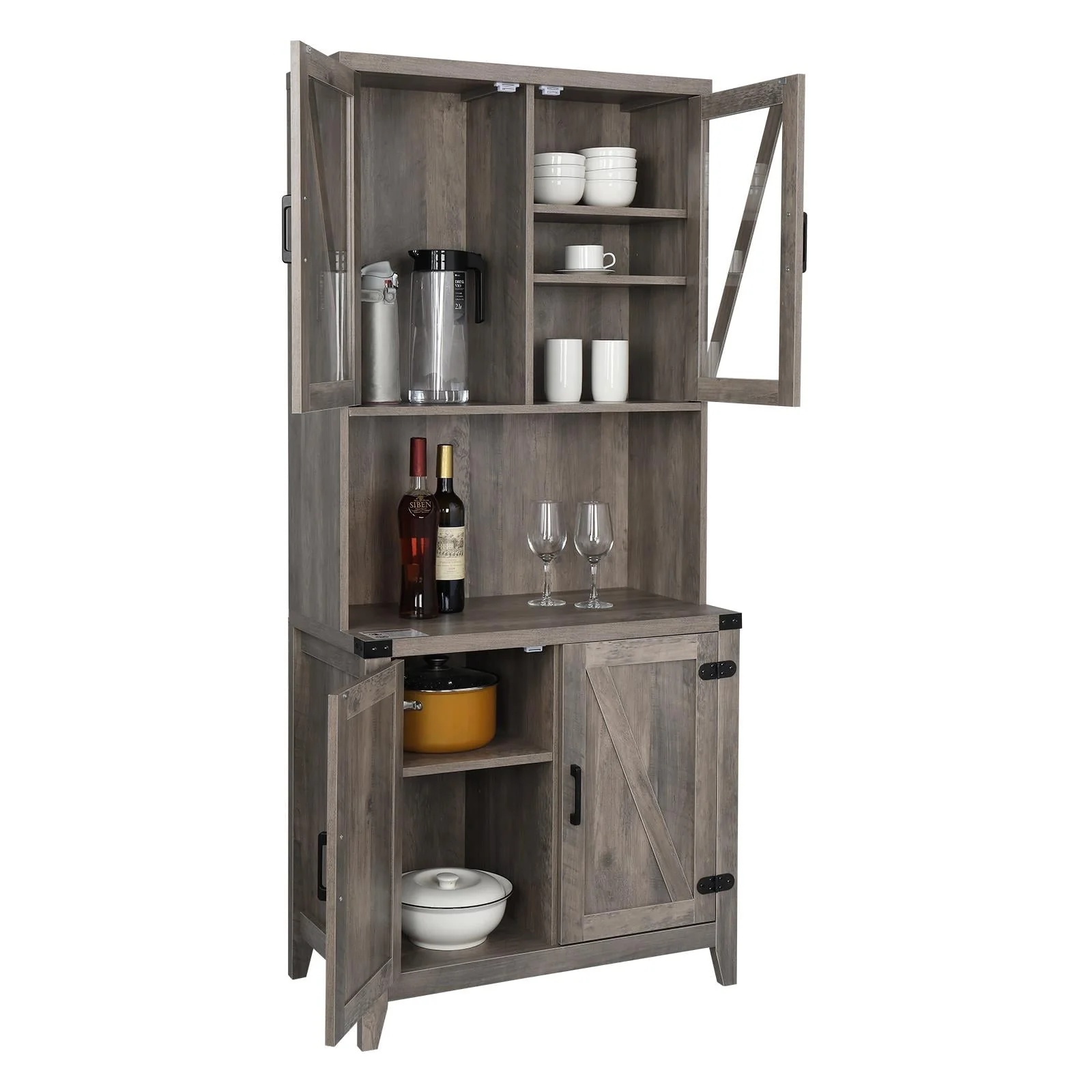 UBesGoo Freestanding Rustic Kitchen Buffet with Hutch, Pantry Storage Cabinet with Adjustable Shelf Grey Oak - Image 7