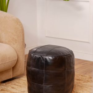 HANDMADE ECO-FRIENDLY ROUND SHAPED STUFFED LEATHER BLACK POUF - 14" x 14" x 14", Round Shape, Black Color, , Seating Pouf For Living Room, Study Room, Patio & Office