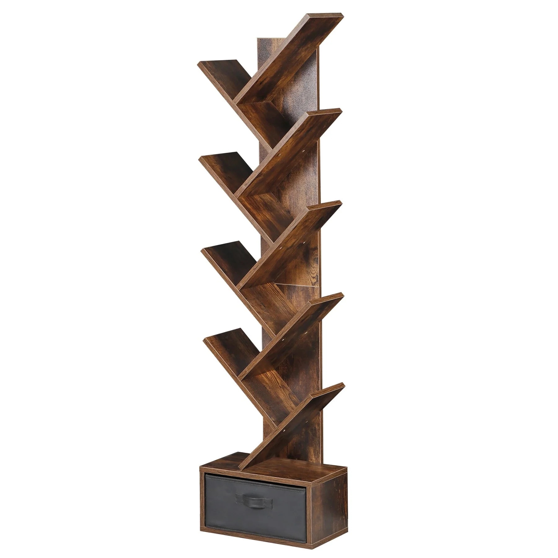 HomGarden 9 Tier Tree Bookshelf Modern Storage Rack Floor Bookcase W/Drawer, Rustic Brown - Image 9