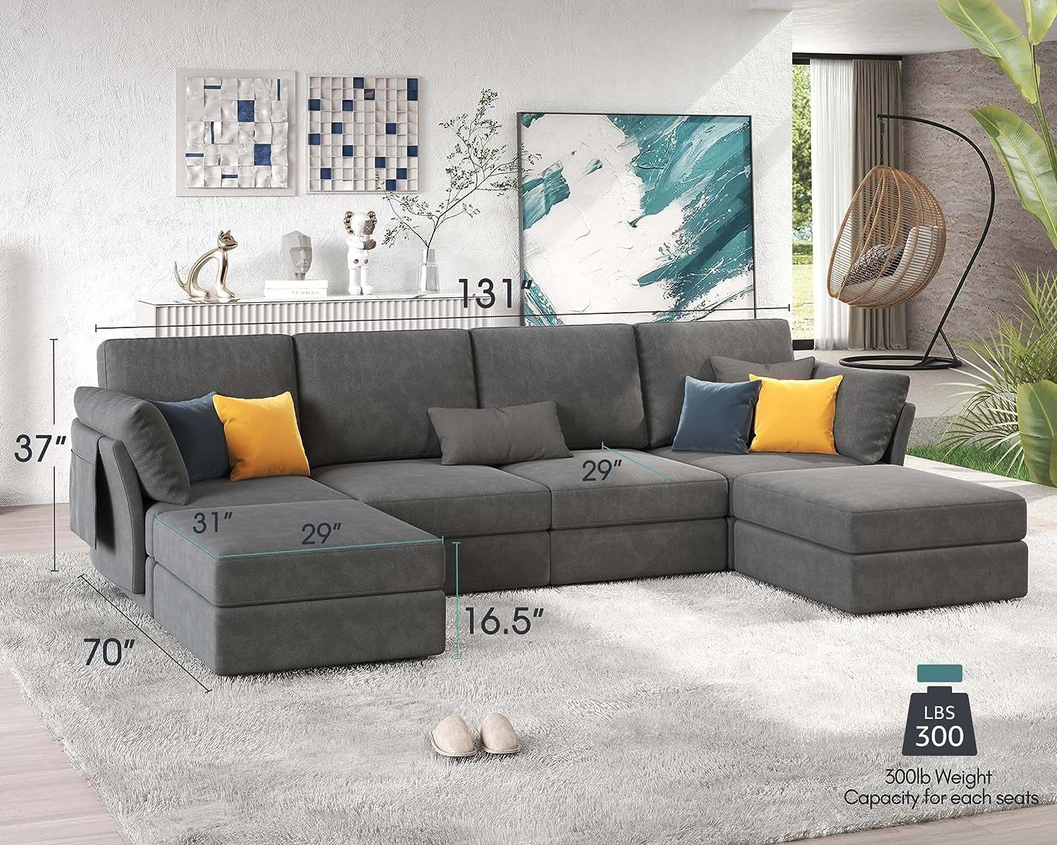 Amerlife 131 Inches Modular Sectional Sofa, Oversized Sectional Sofa with Storage, Ottomans, 6 Seats U Shaped Couch with Chaise- Chenille Gray - Image 2