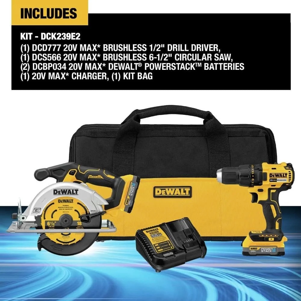 DEWALT 20V MAX Brushless Cordless Circular Saw and Drill Combo Kit with DEWALT POWERSTACK Compact Batteries DCK239E2 - Image 2