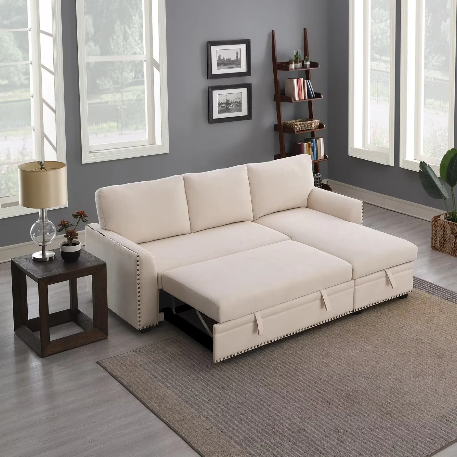 Morden Fort Velvet Reversible Sectional Convertible L-Shape Sofa Sleeper with Storage - Image 4