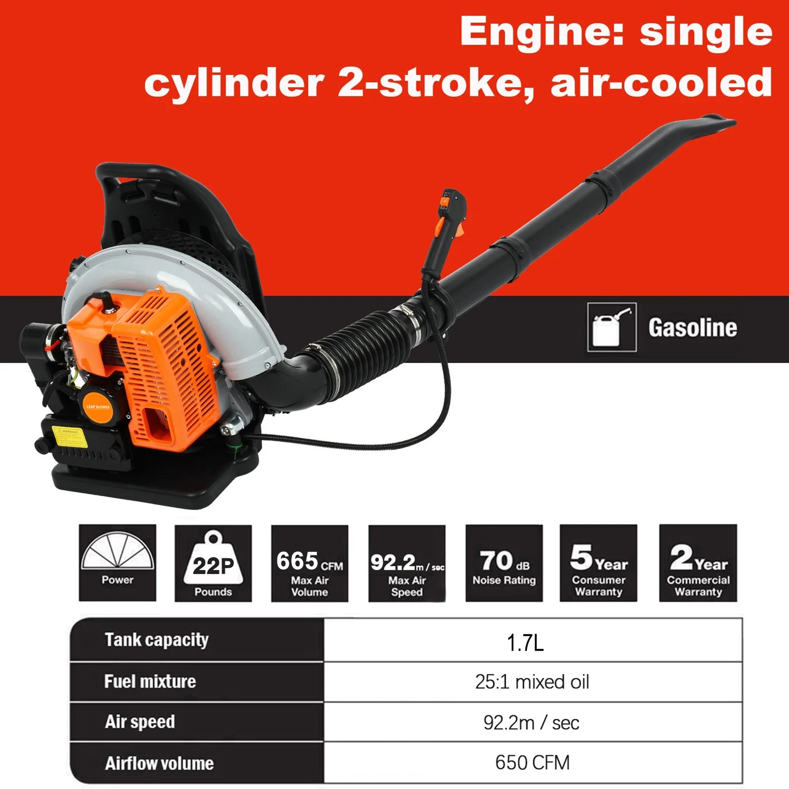 Limorve EB650 Backpack Leaf Blower, 2-Stroke Engine Multi-purpose 63 Cubic Centimeter High Strength Snow Blower for Lawn Care, Patio, Sidewalk,Snow Blowing-Orange - Image 10