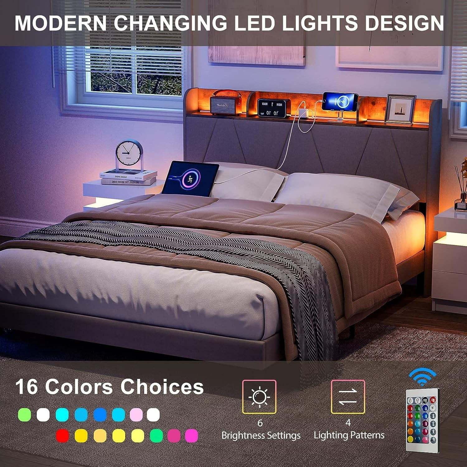 IKIFLY Queen Bed Frame with Charging Station & Storage Shelf Headboard, Upholstered LED Bed Frame with 2 Outlets and 2 USB Ports-? Type C-? Solid Wood Slats, No Box Spring Needed - Light Brown - Image 5