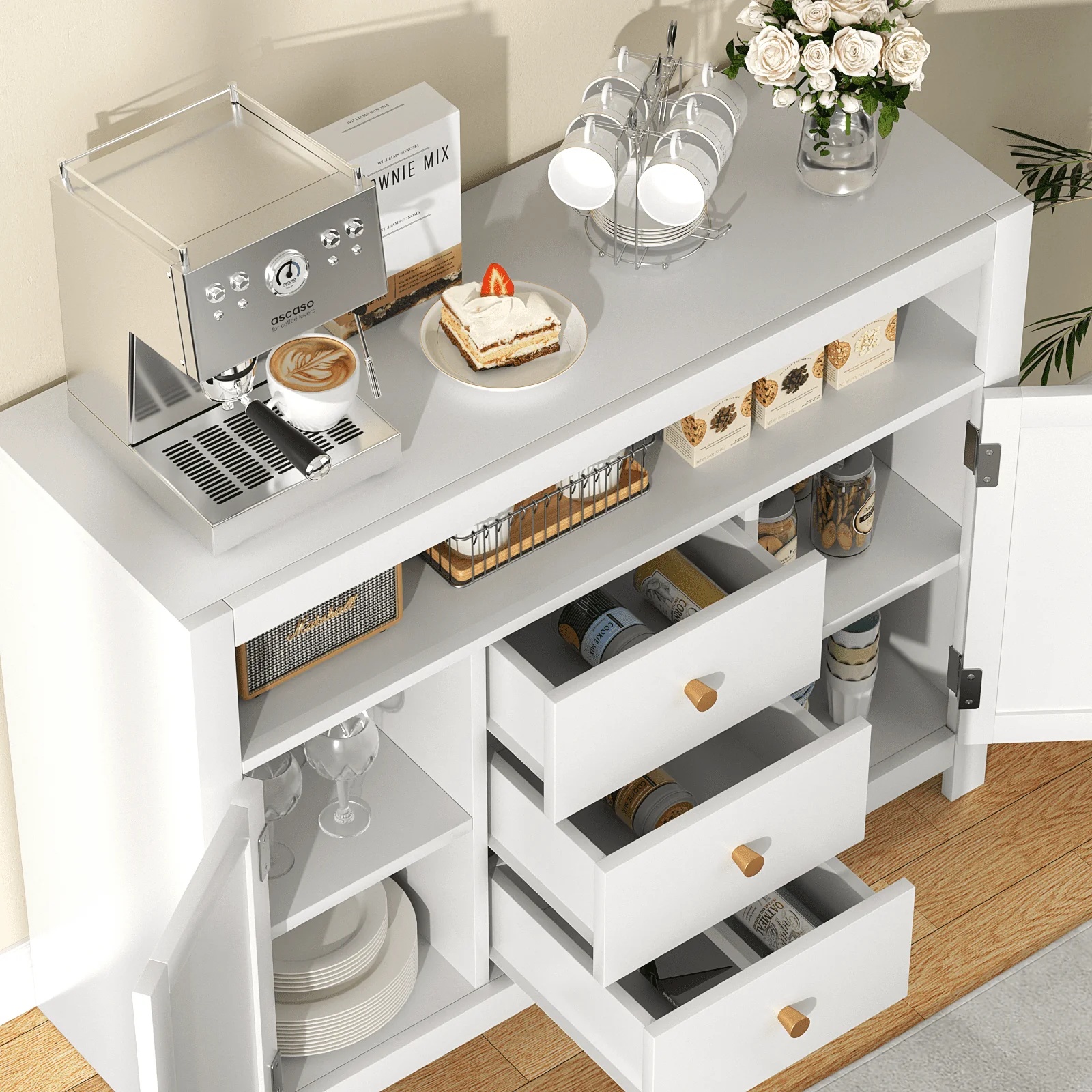 RichYa Sideboard Buffet Cabinet with Storage with 3 Drawers 2 Doors Wood Coffee Bar for Kitchen Dining Room Entryway - Image 3