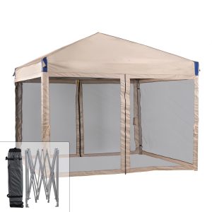 YUONAO 10x10 ft Pop Up Canopy Tent with Mesh Sidewalls, Portable Outdoor Shade Tent, Waterproof UV-Resistant Folding Gazebo for Backyard, Patio, Camping, Party（Beige）