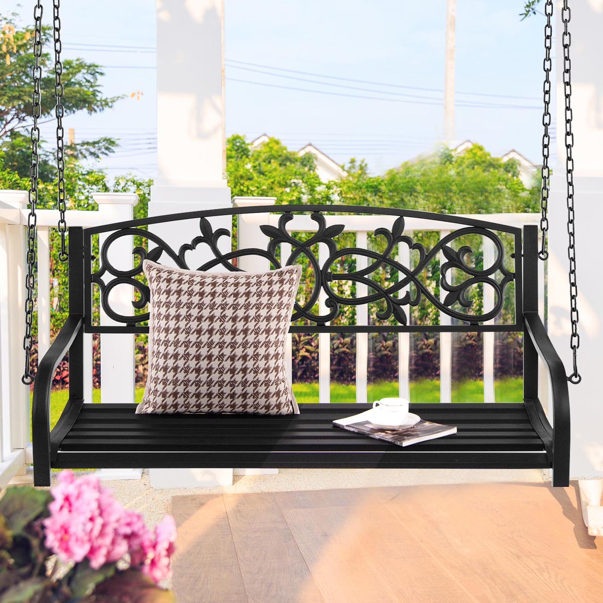 Gymax Patio Hanging Porch Swing 2-Person Outdoor Metal Swing Bench Chair w/ Chains Brown - Image 3