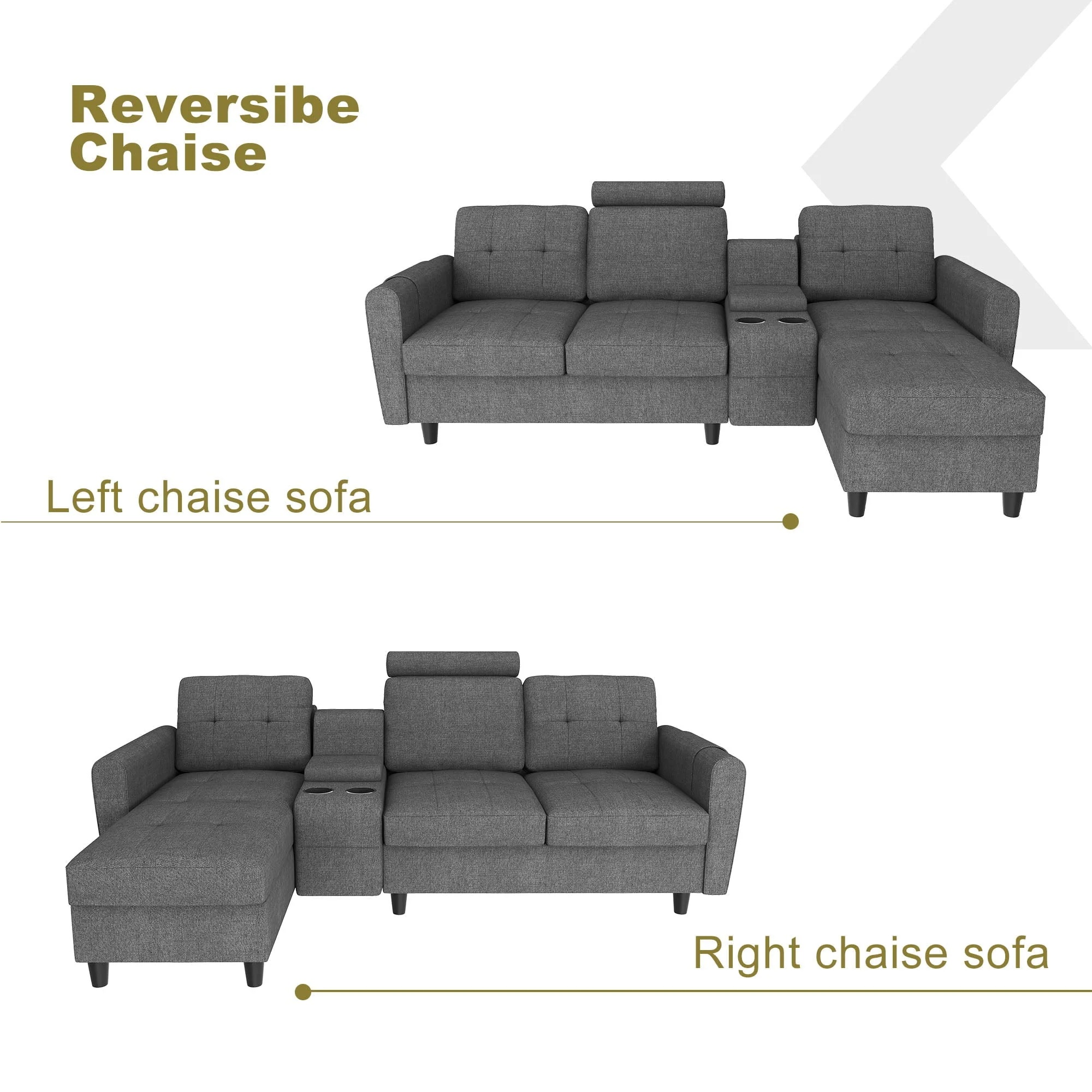 HONBAY Reversible Sectional Sofa Modern Upholstered L Shaped Couch with Cup Holders & Storage Console for Living Room, Grey - Image 6
