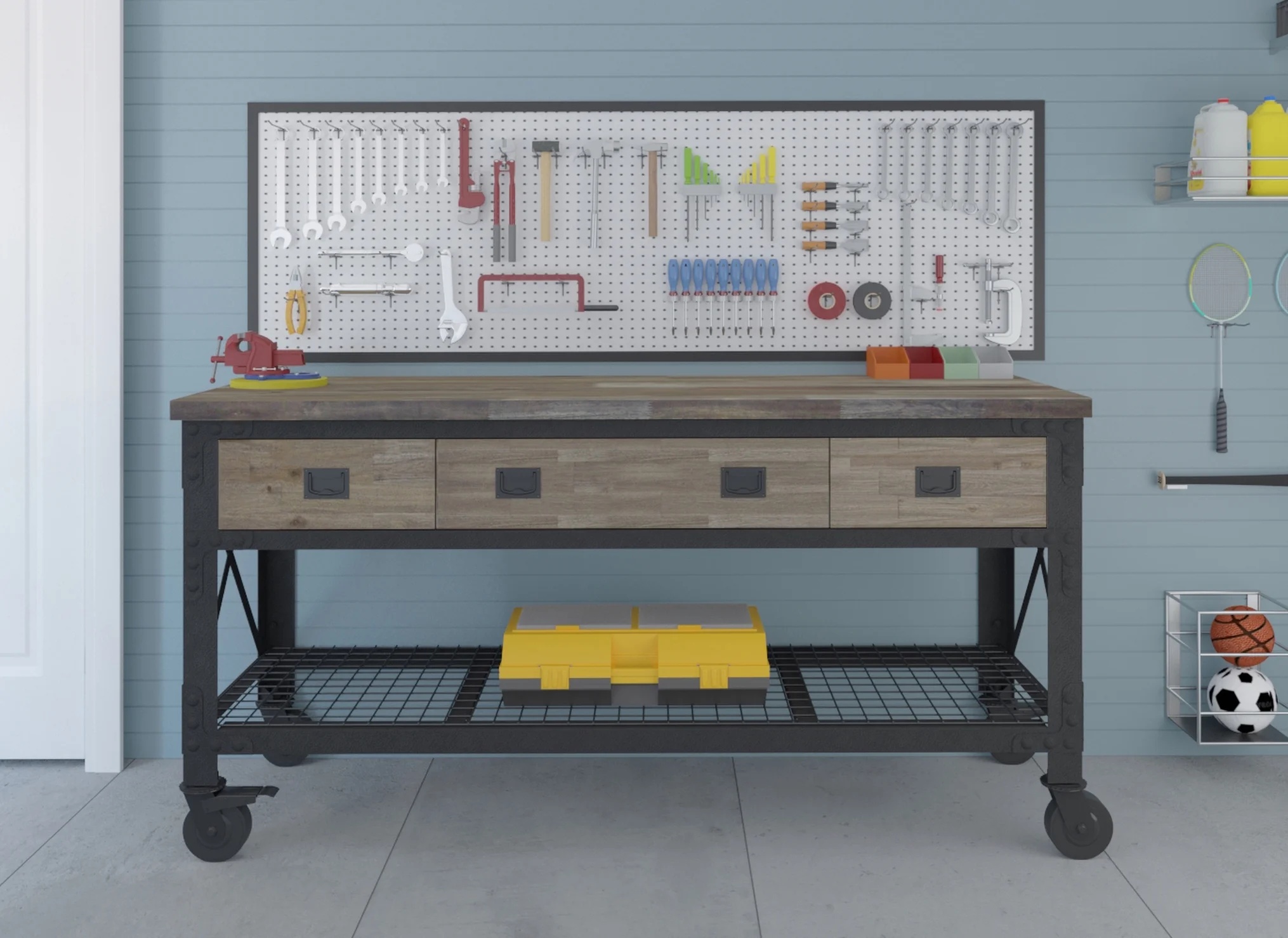 72 In x 24 In. 3 Drawer Rolling Industrial Workbench with Wood Top - Aged Macadamia - Image 10