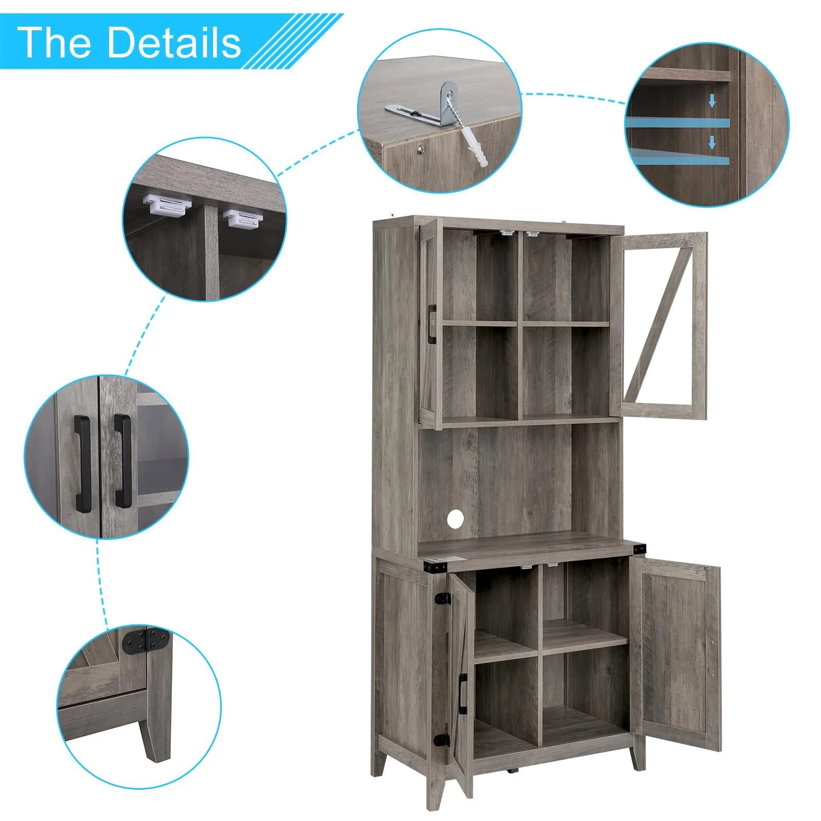 UBesGoo Freestanding Rustic Kitchen Buffet with Hutch, Pantry Storage Cabinet with Adjustable Shelf Grey Oak - Image 6