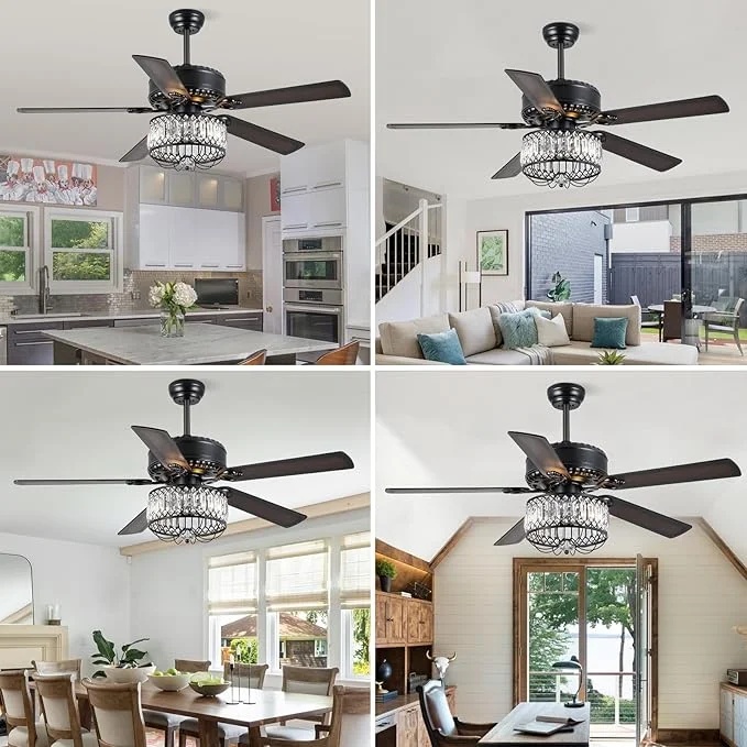 Kviflon 52" Farmhouse Ceiling Fan with Lights & Remote, Crystal Chandelier, Wood Blades, Quiet Motor, 6-Speed, Timer, Modern Lighting for Living Room, Bedroom, Dining Room, Chrome Finish - Image 18