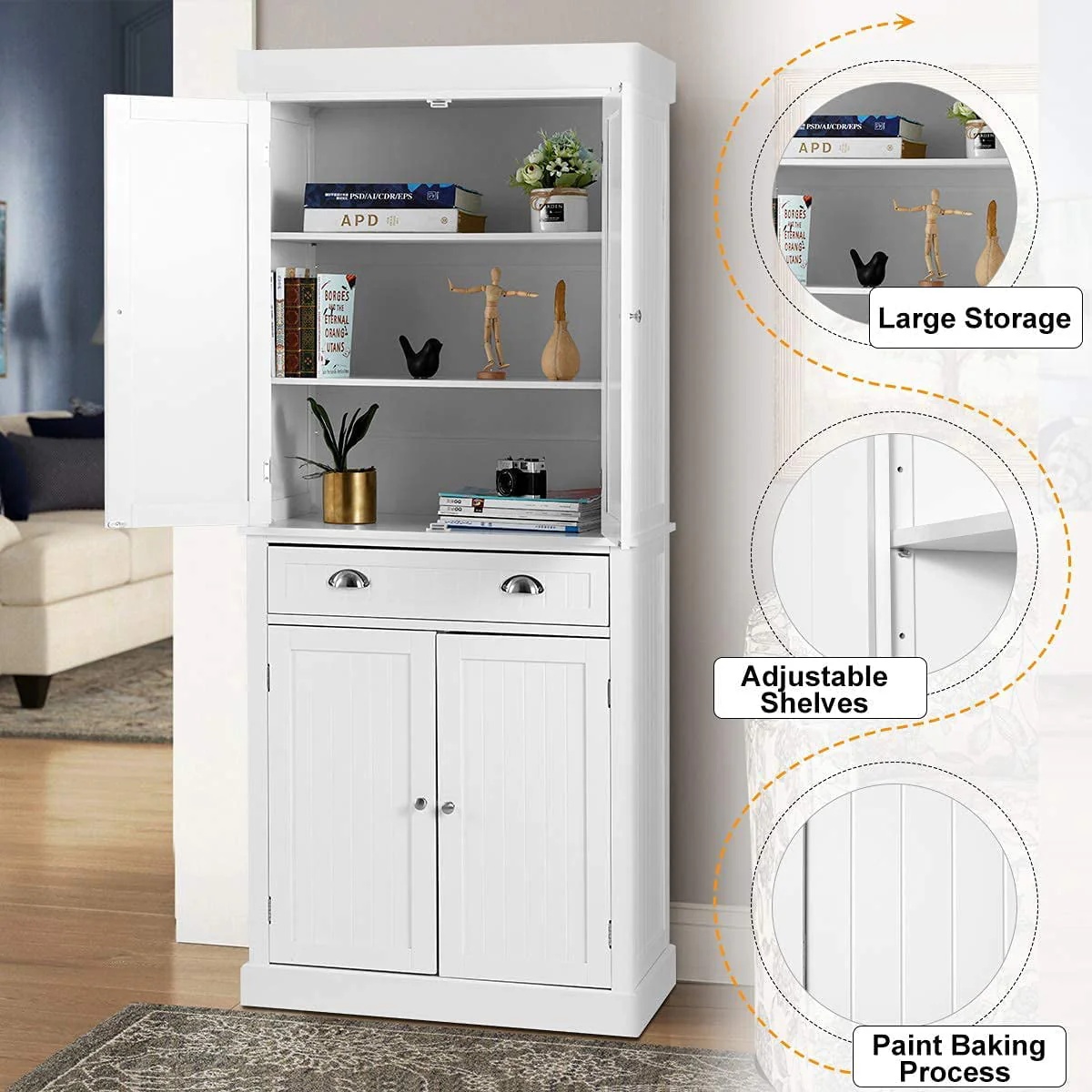 Yoleny Kitchen Pantry, 72-?Freestanding Storage Cabinets with Doors and Shelves, Elegant Colonial Design Cabinet Cupboard, White - Image 7