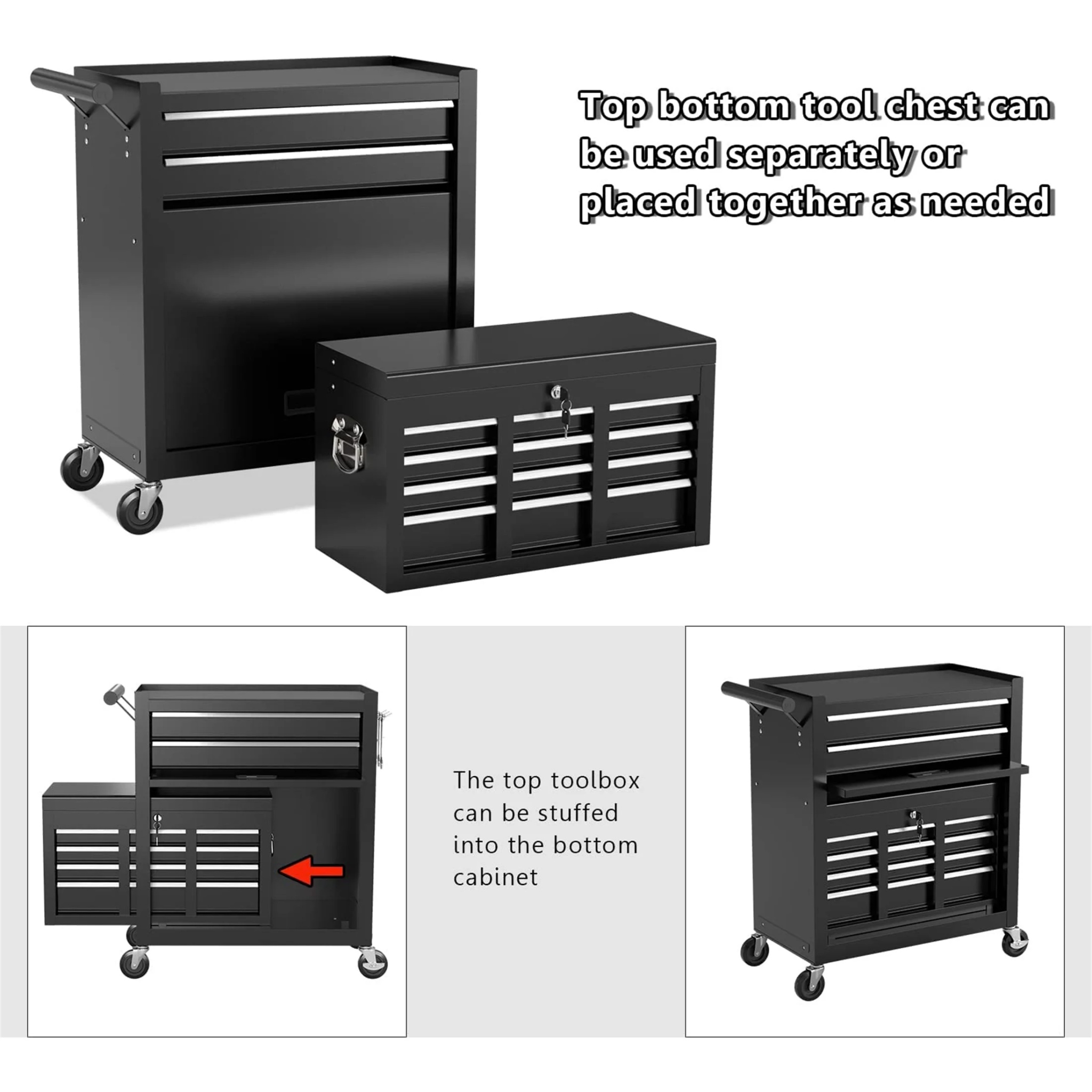 Aukfa Tool Box, 2 in 1 Steel Rolling Tool Chest & Cabinet on Wheels for Garage, 8-Drawers, Black - Image 4