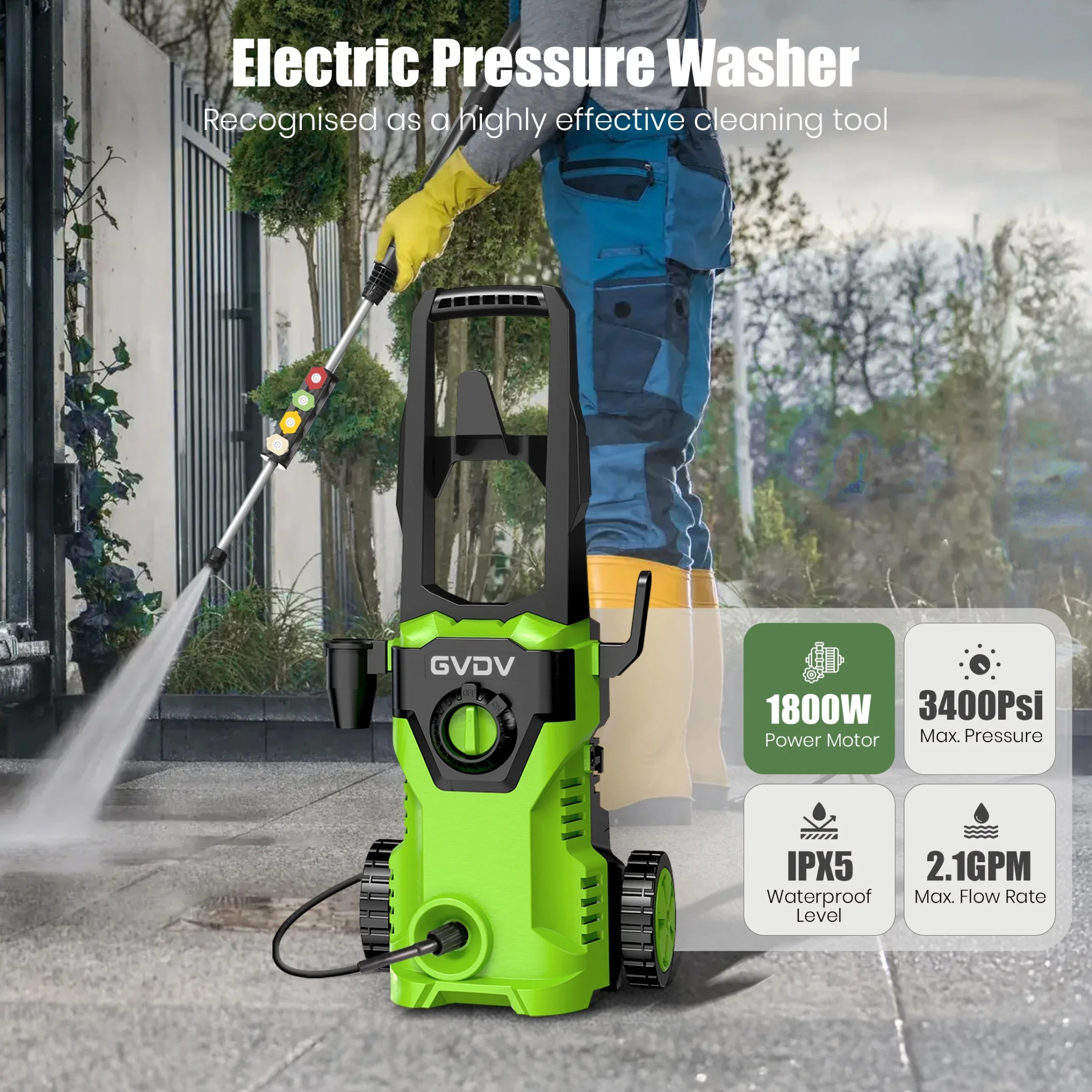 GVDV Electric Pressure Washer, 3400 PSI 2.1 GPM with Foam Cannon & 5 Nozzles, 26.4ft Cord & 24.6ft Hose Power Washer for Patios, Cars, Decks - Image 2