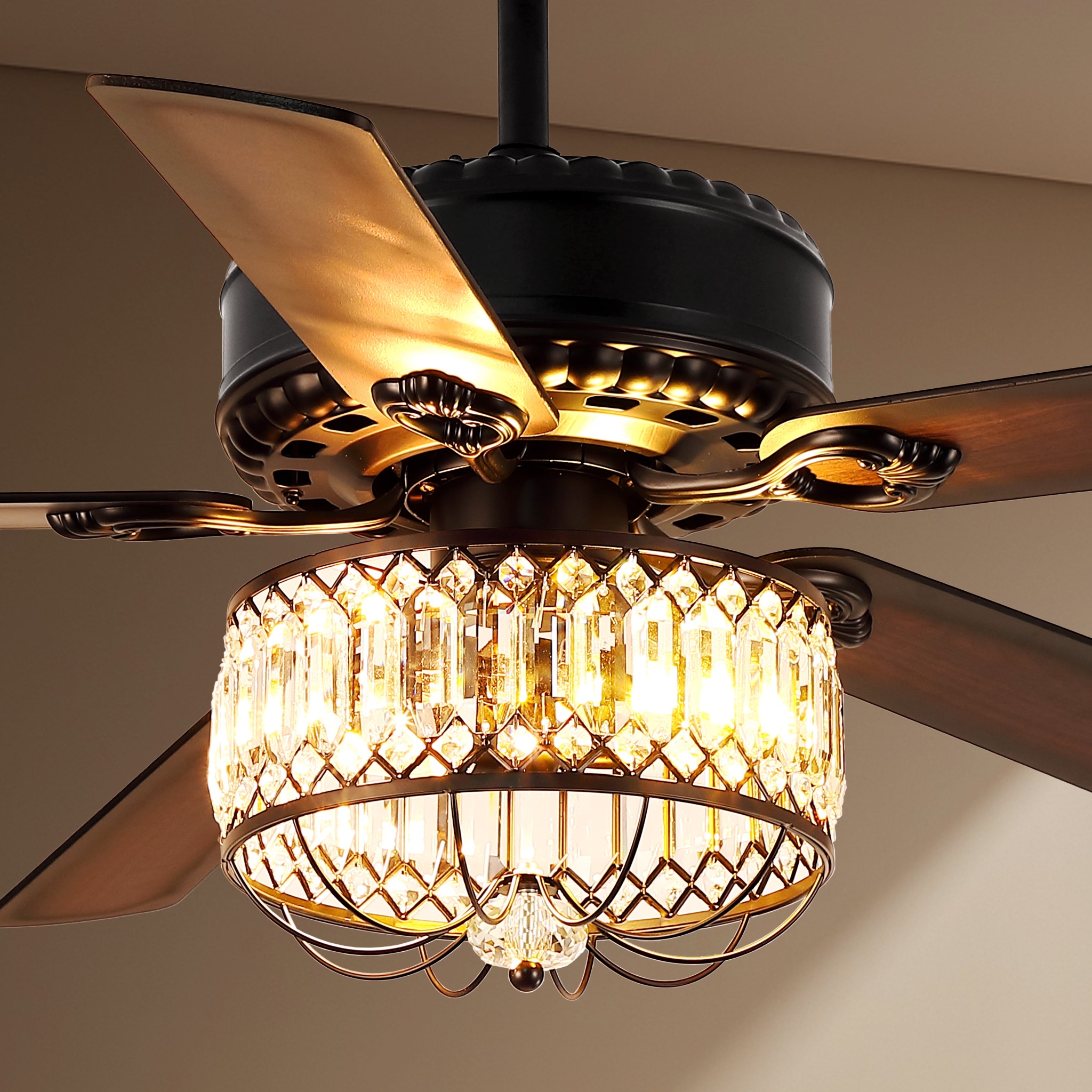 Kviflon 52" Farmhouse Ceiling Fan with Lights & Remote, Crystal Chandelier, Wood Blades, Quiet Motor, 6-Speed, Timer, Modern Lighting for Living Room, Bedroom, Dining Room, Chrome Finish - Image 3