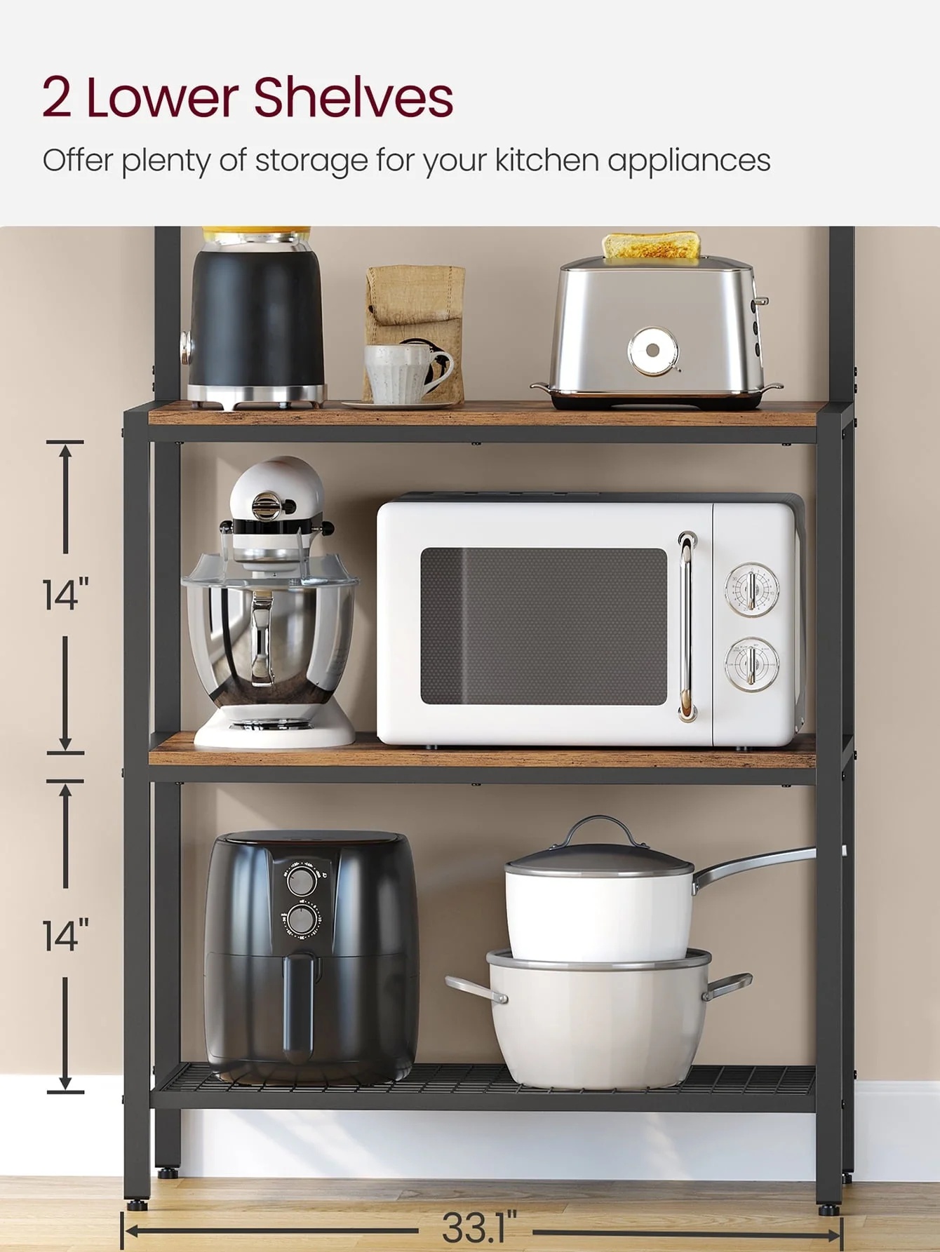 VASAGLE Kitchen Baker's Rack Coffee Bar Storage Shelf Island Rack Microwave Stand with 10 Hooks 3 Shelves Rustic Brown and Black - Image 7
