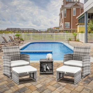 Patio Set Outdoor Furniture, 5 PCS Patio Bistro Set with Glass Coffee Table, Patio Sectional Sofa Conversation Set, Outside Furniture Set for Garden, Backyard, Porch, Balcony, Poolside, JA2936