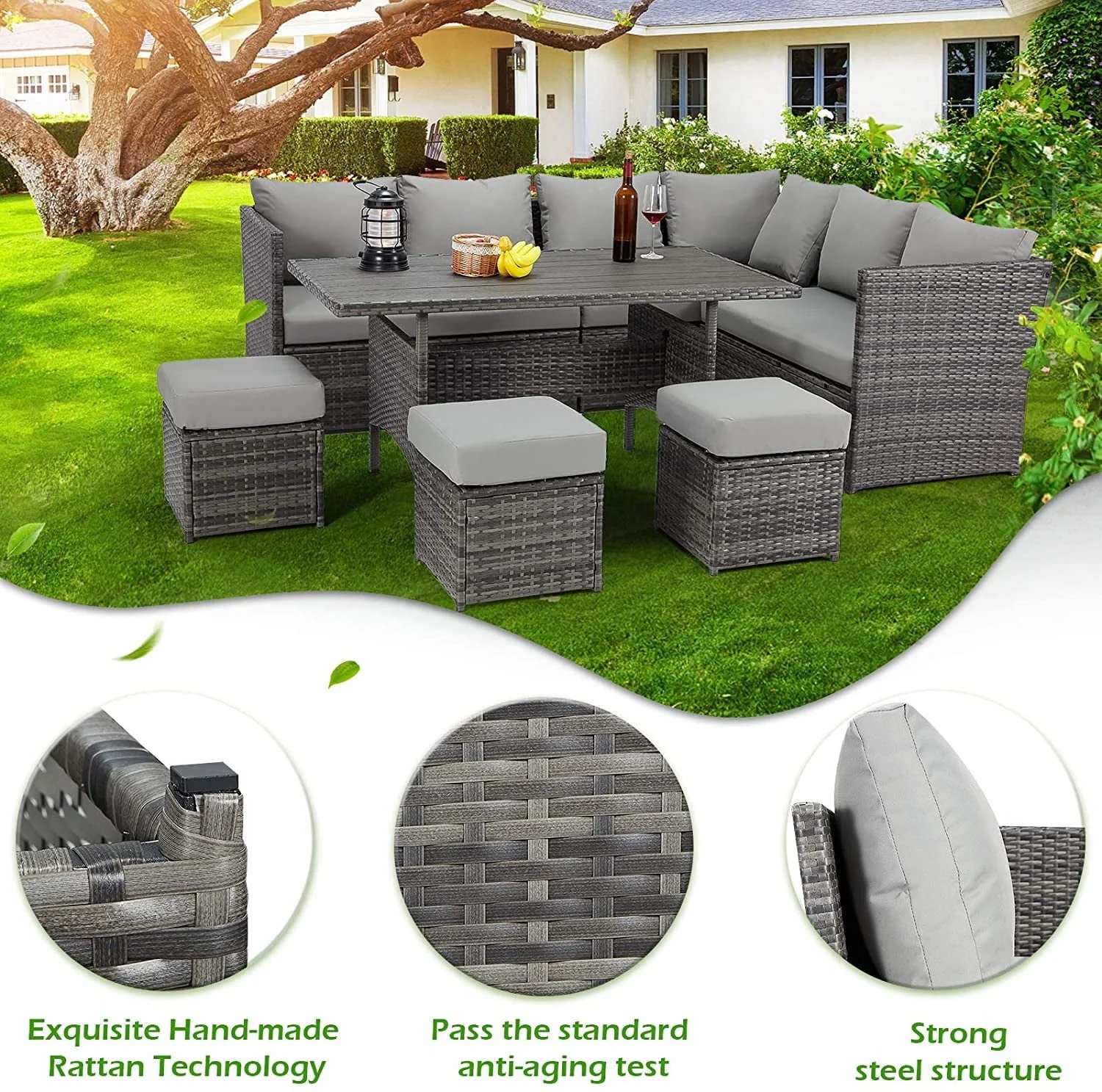 AECOJOY 7 Piece Patio Conversation Set, Outdoor Sectional Sofa Rattan Wicker Dining Furniture, Gray - Image 5