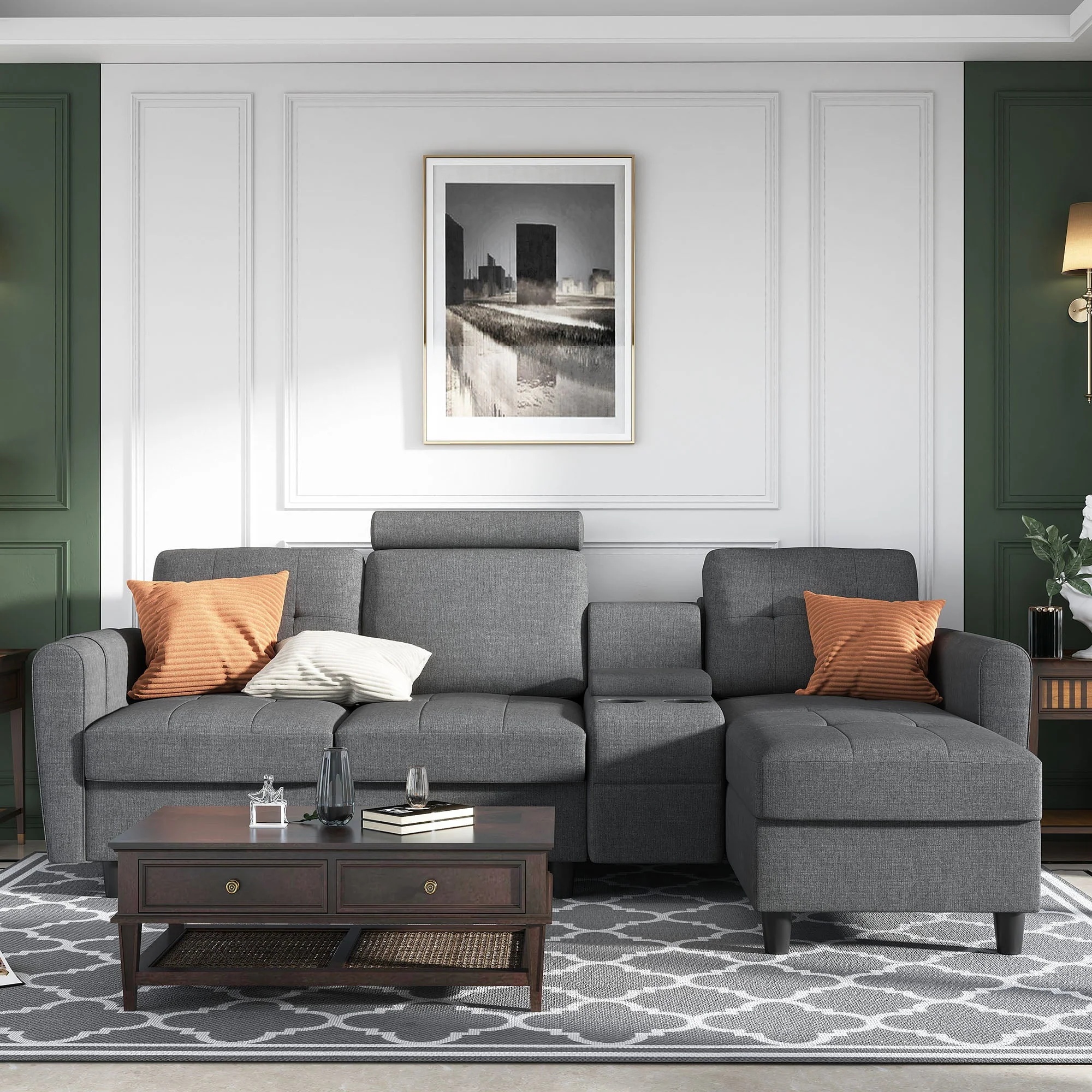 HONBAY Reversible Sectional Sofa Modern Upholstered L Shaped Couch with Cup Holders & Storage Console for Living Room, Grey - Image 8