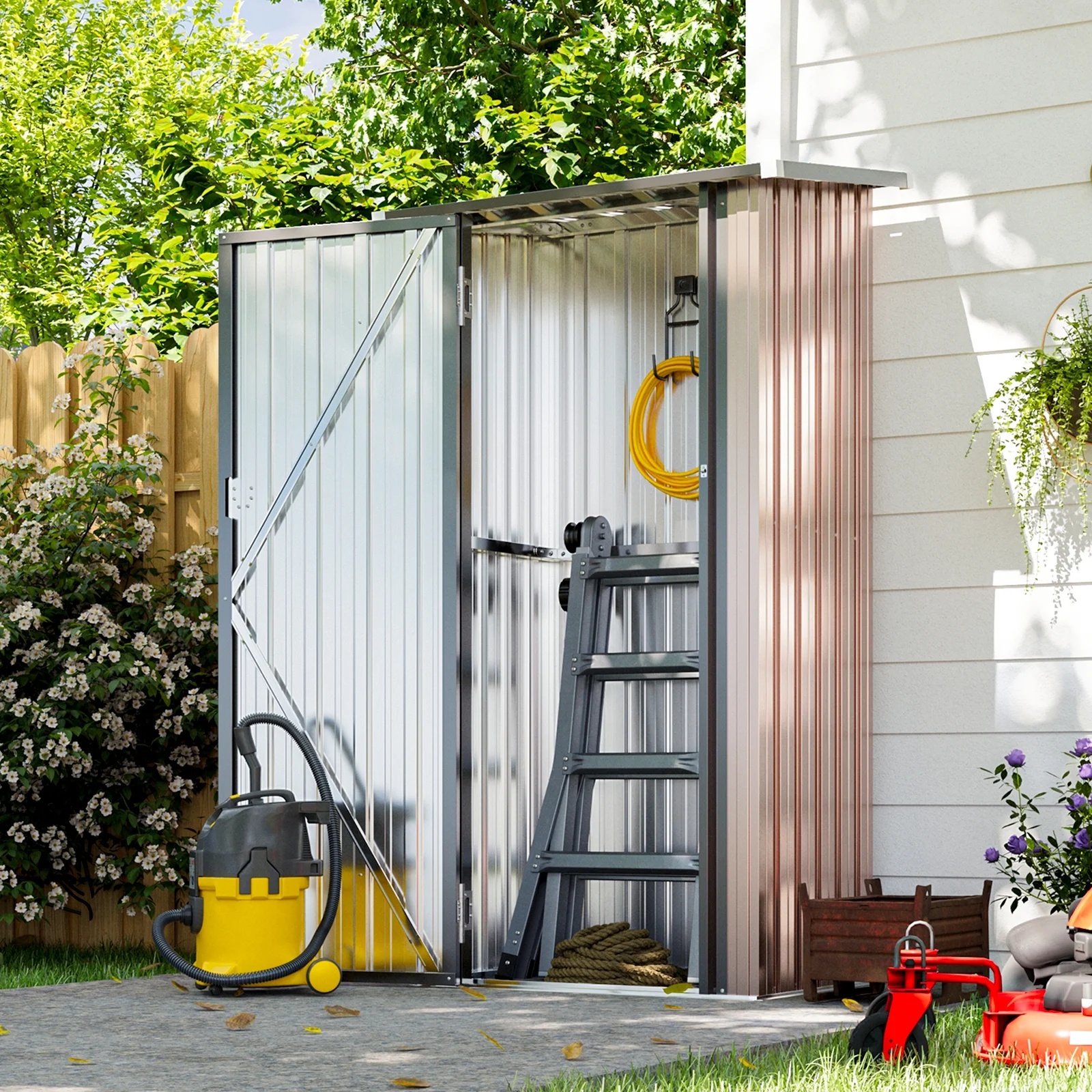 Aoxun 6' x 4' Storage Shed Lean to Storage Shed, Outdoor Metal Wall Side Storage Sheds, Outdoor Storage Cabinet for Patio, Garden, Lawn (Brown) - Image 32