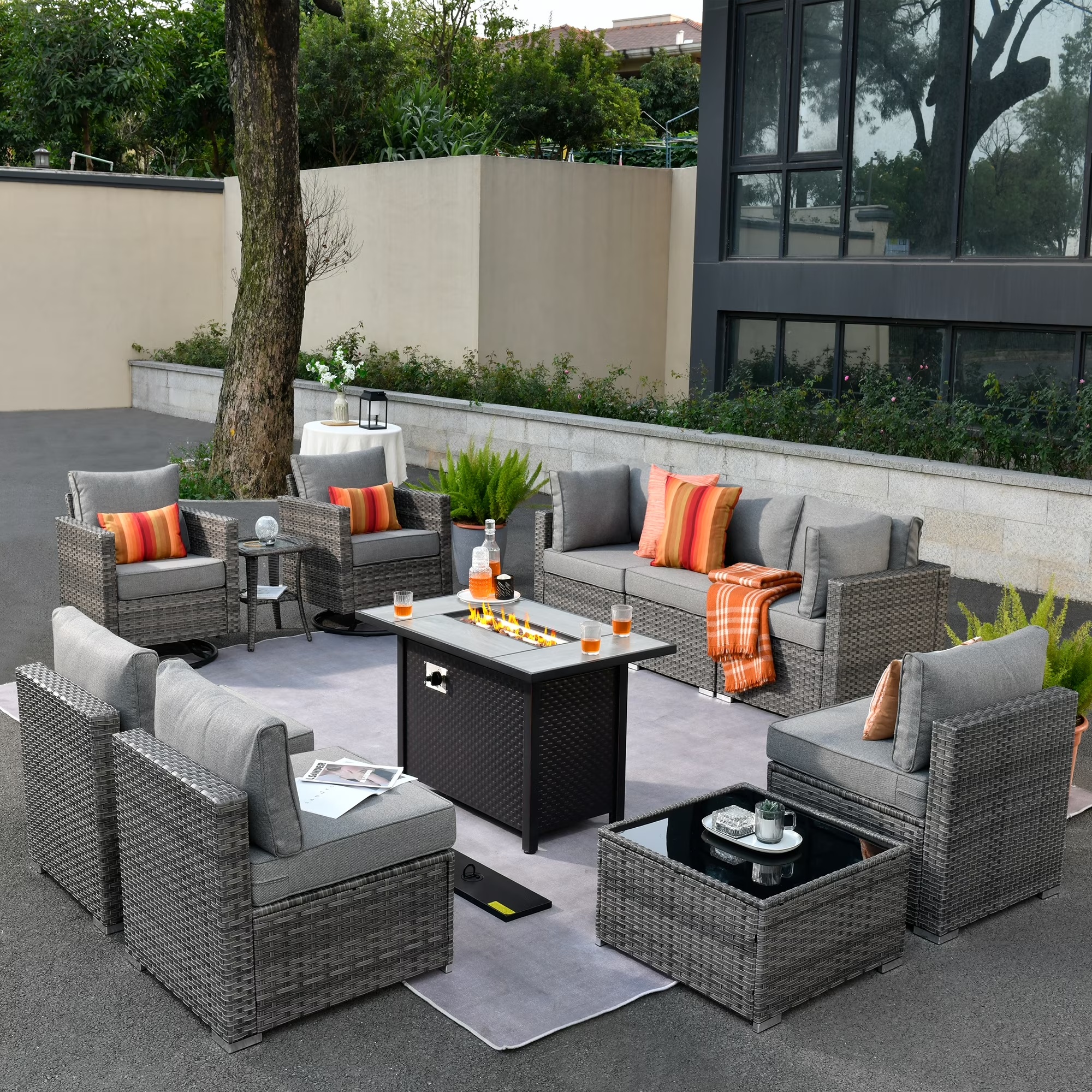 Ovios 11 Pieces Patio Fire Pit Set Outdoor Wicker Sectional Sofa Conversation Set with Swivel Rocking Chairs and Side Table,Dark Gray