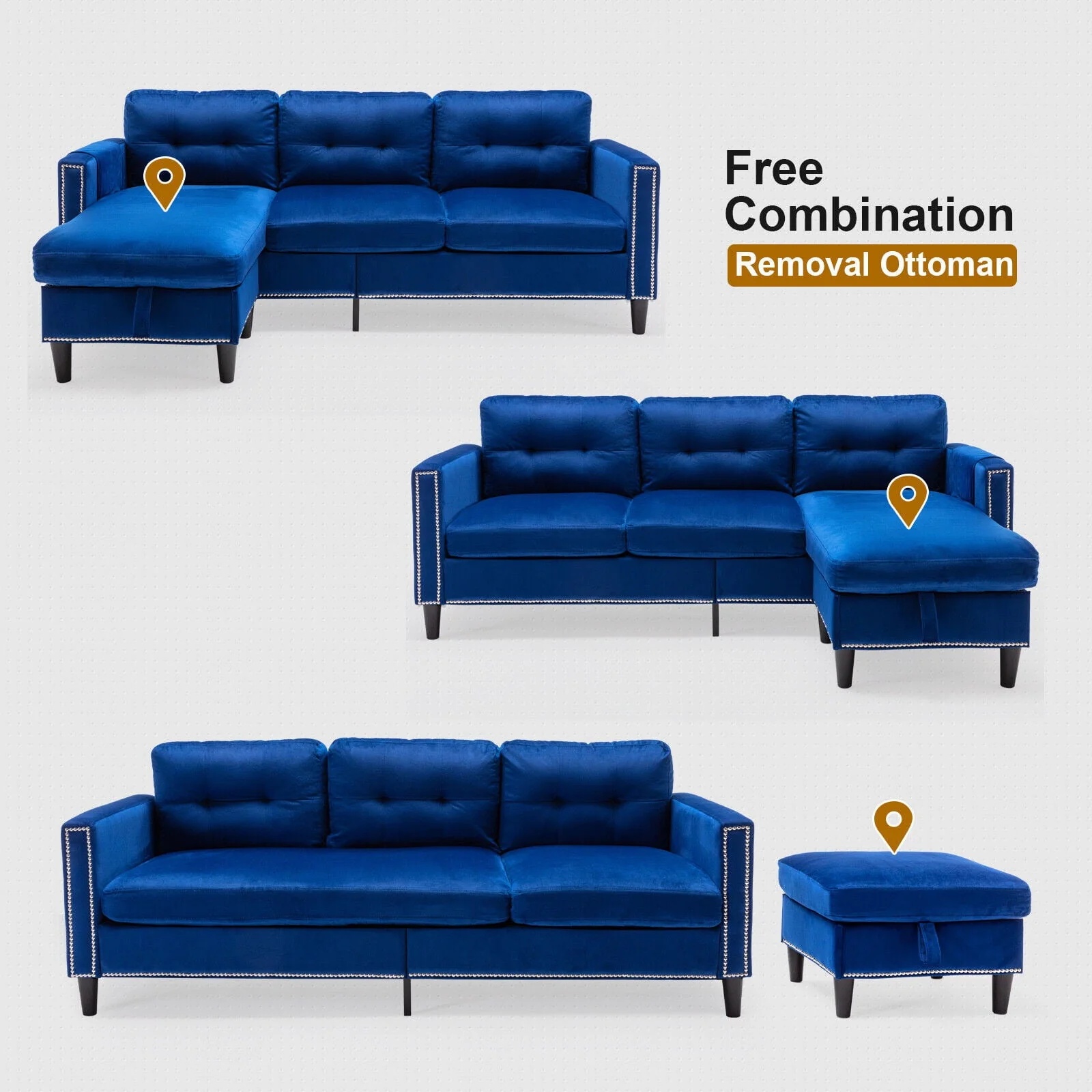 COSVALVE 78" Blue Sectional Couch Velvet Combination L Shaped Sofa with Removal Ottoman, USB, Pocket Storage - Image 8