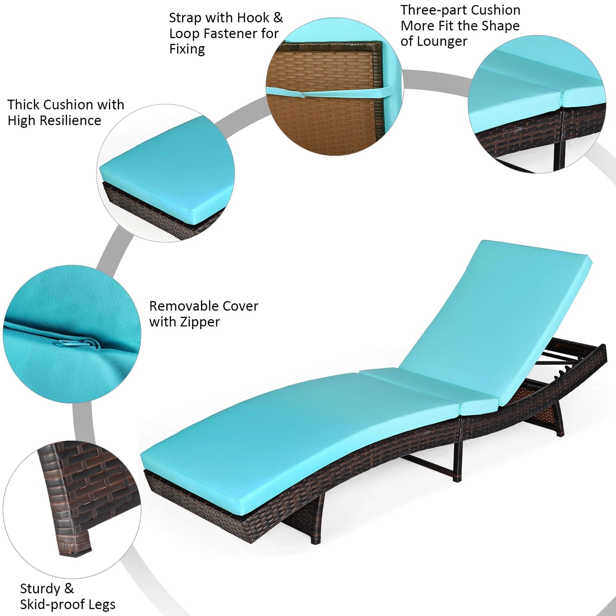 Costway Patio Rattan Folding Lounge Chair Chaise Adjustable W/Turquoise Cushion - Image 10