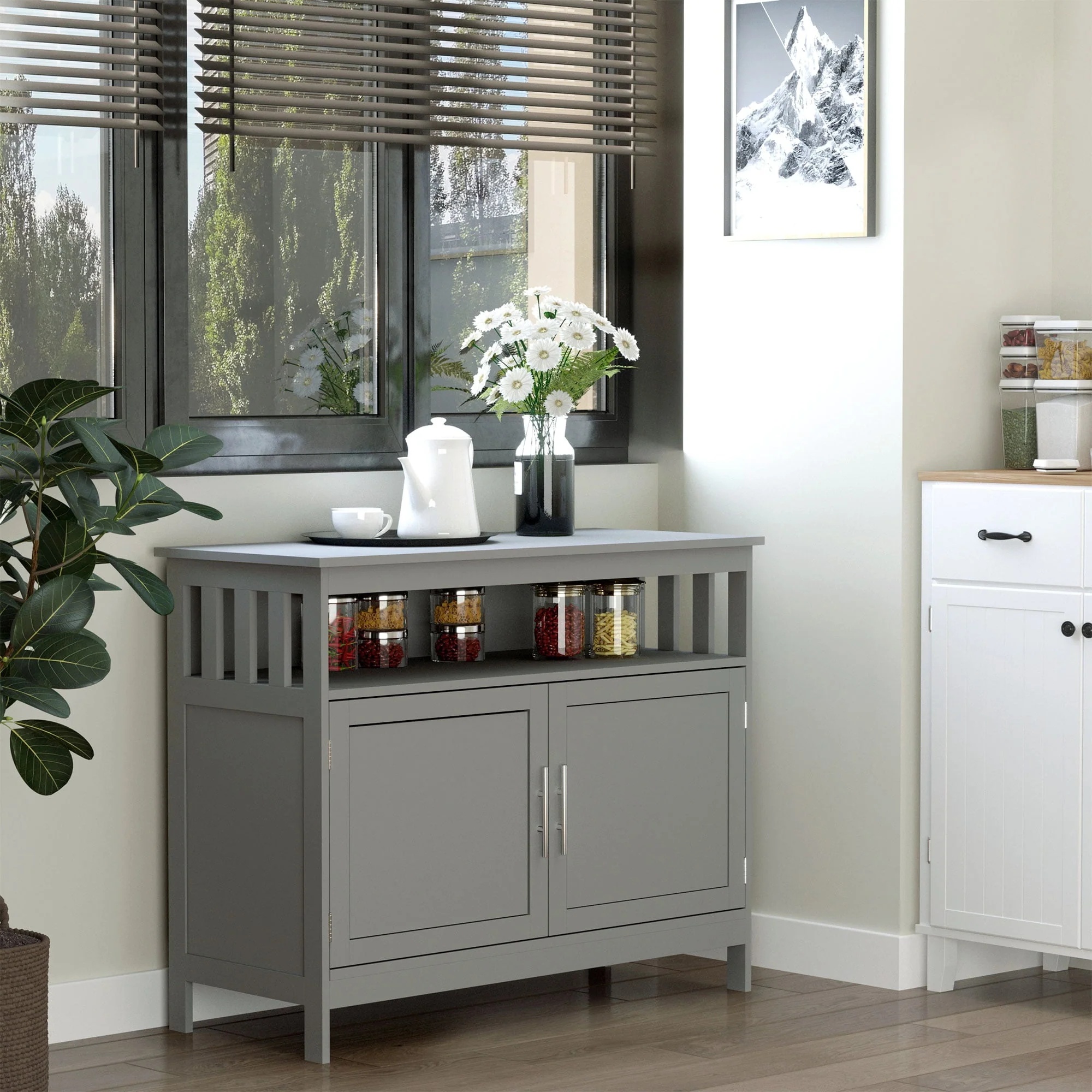 HomCom Kitchen Console Table/Buffet Sideboard/Wooden Storage Table with 2-Level Cabinet and Open Shelf, Grey - Image 3