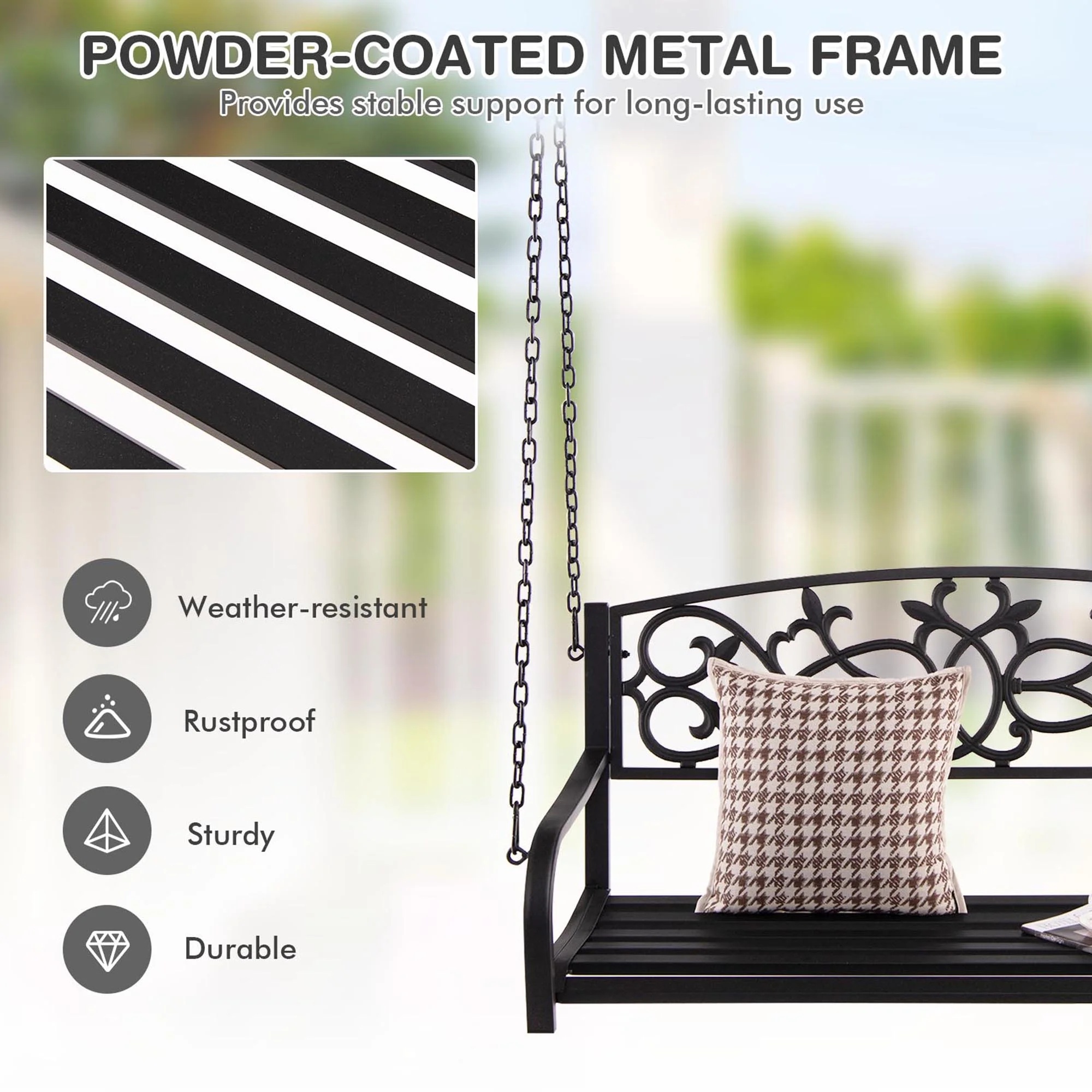 Gymax Patio Hanging Porch Swing 2-Person Outdoor Metal Swing Bench Chair w/ Chains Brown - Image 8