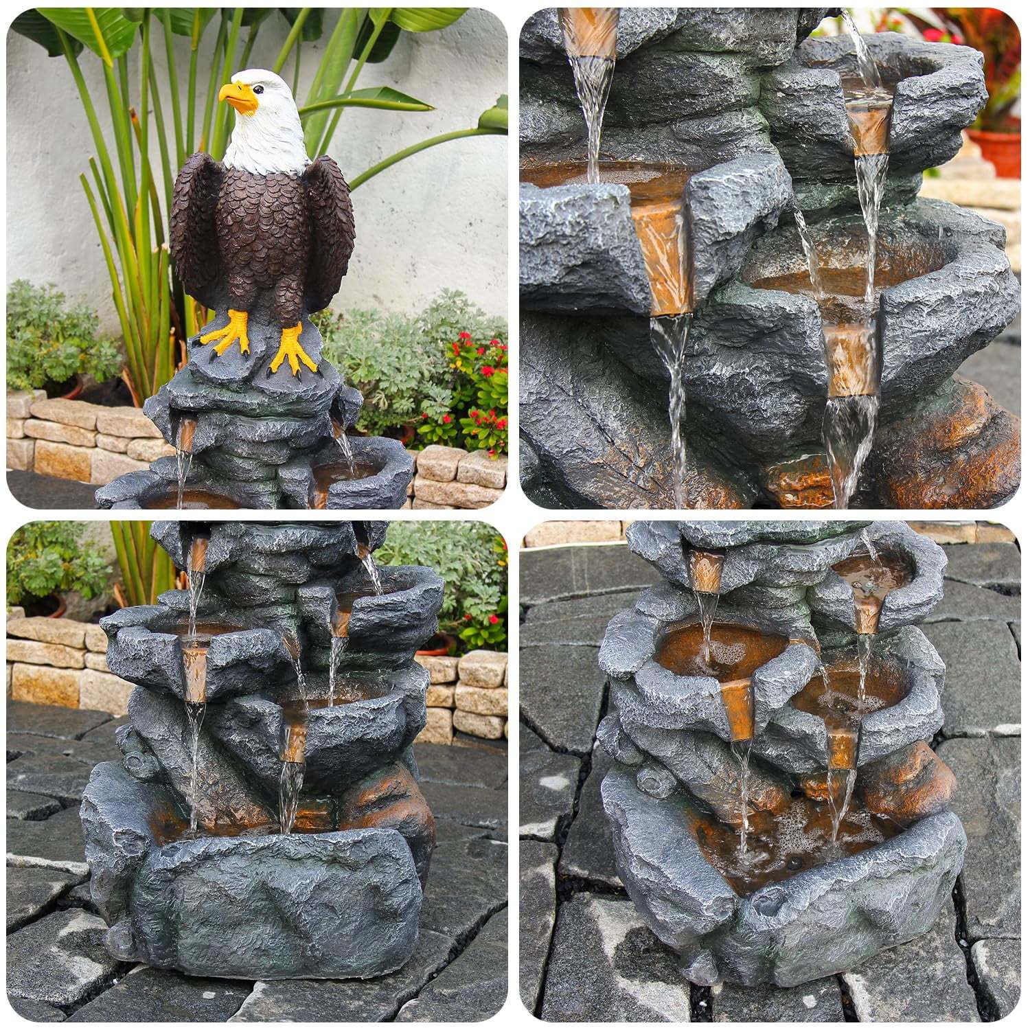 Bald Eagle Statue Outdoor Fountain Tiered Cascading Rock Water Fountain Outdoor Garden Waterfall Decor for Garden Patio Backyard Deck Porch Outside Water Feature 39.76" H - Image 2