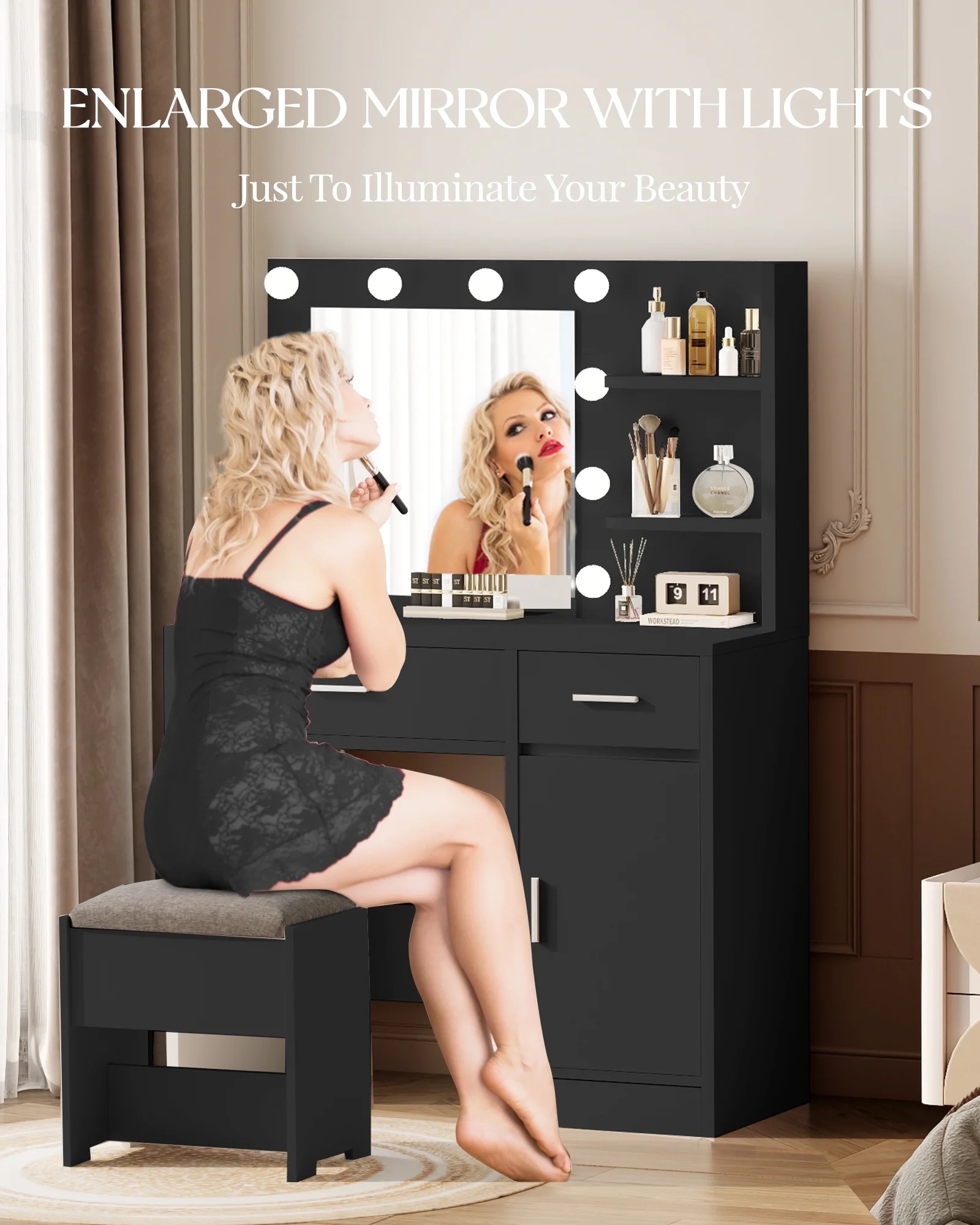 LIVELYGLOW Vanity Desk with Mirror and Lights, Makeup Vanity with Drawer & Storage Shelves, Cabinet, 3 Lighting Modes Adjustable Brightness,White - Image 52