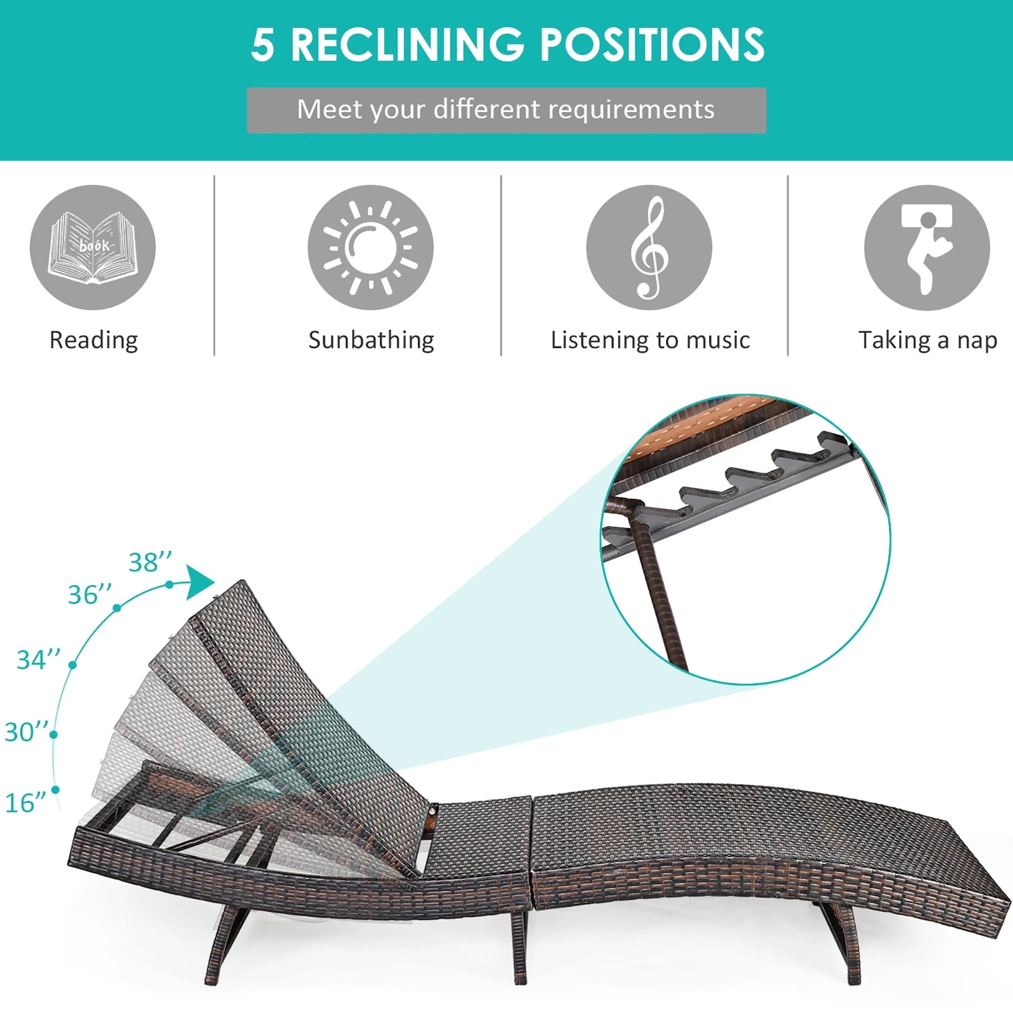 Costway Patio Rattan Folding Lounge Chair Chaise Adjustable W/Turquoise Cushion - Image 8