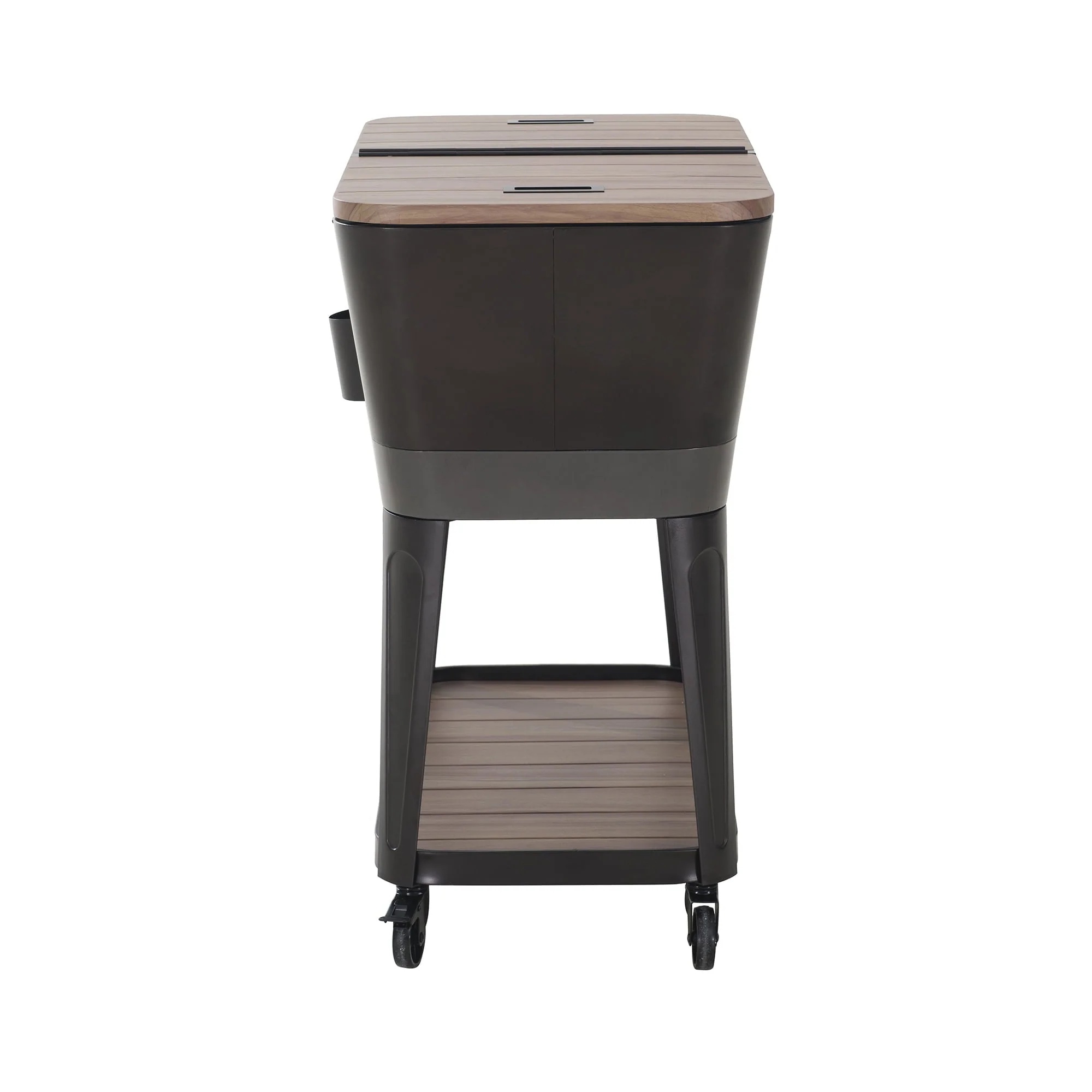Sunjoy 80-Quart Wood Grain Finish Metal Rolling Ice Chest Cooler Cart with Storage Shelf, Steel Bottle Opener, and Lockable Wheels, Bronze - Image 5