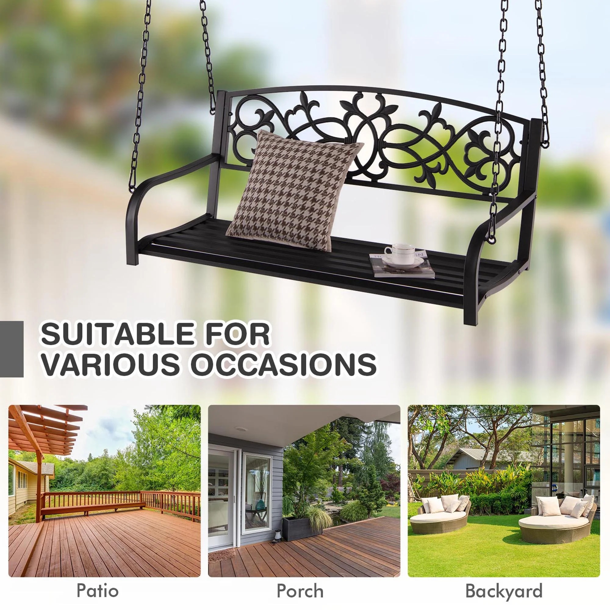 Gymax Patio Hanging Porch Swing 2-Person Outdoor Metal Swing Bench Chair w/ Chains Brown - Image 6