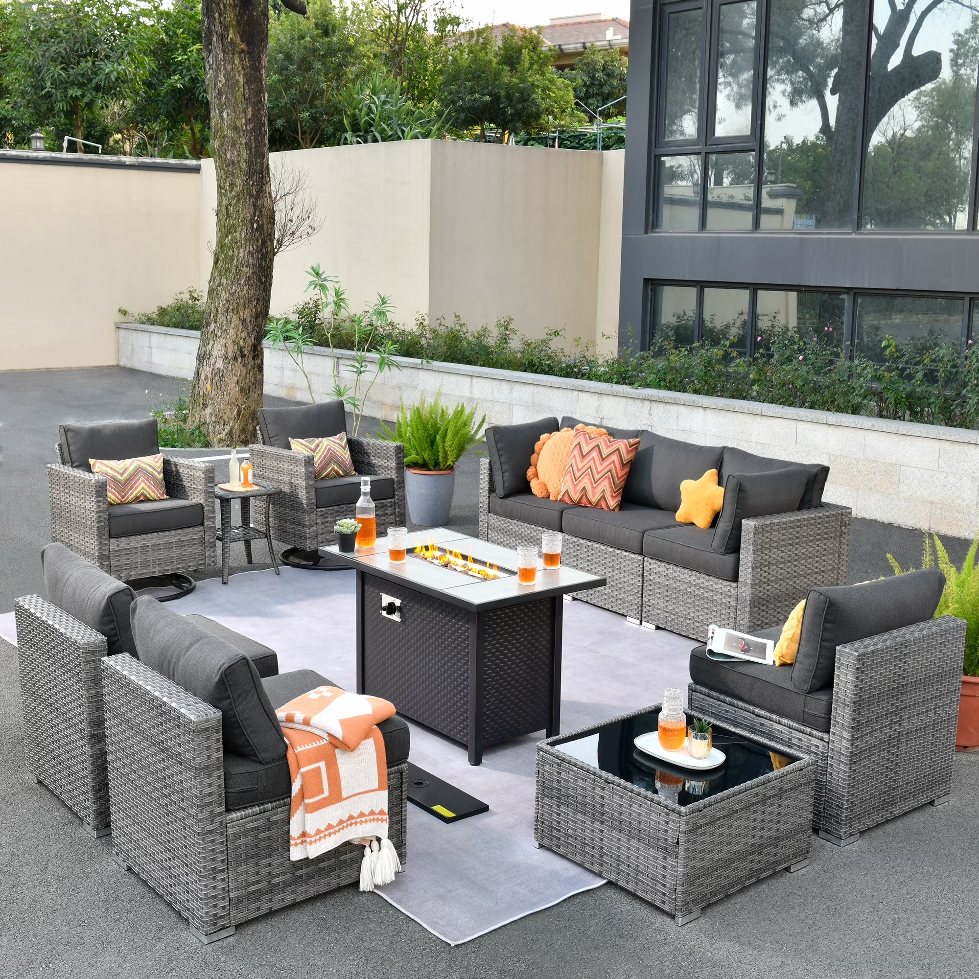 Ovios 11 Pieces Patio Fire Pit Set Outdoor Wicker Sectional Sofa Conversation Set with Swivel Rocking Chairs and Side Table,Dark Gray - Image 9
