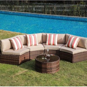 Outdoor Sectional Sofa Set, Half-moon Furniture with Cover, Patio PE Wicker Set with Beige Cushions & Tempered Glass Coffee Table, 5-Piece