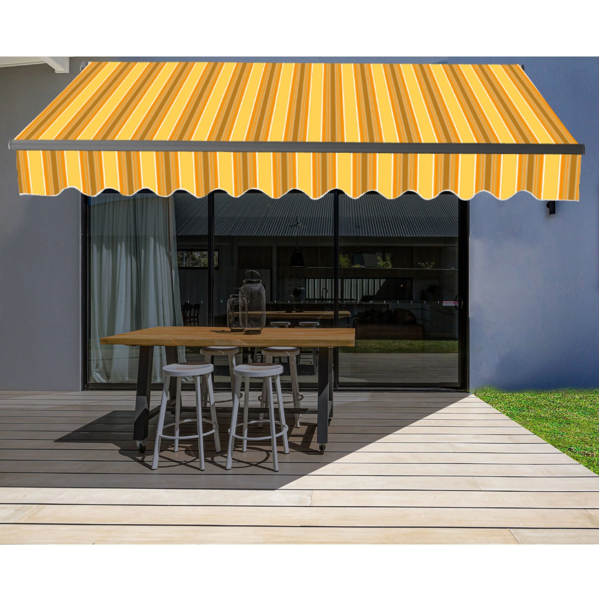 ALEKO 16' x 10' Retractable Motorized Black Frame Patio Awning, Multi Striped Yellow Color - Image 5