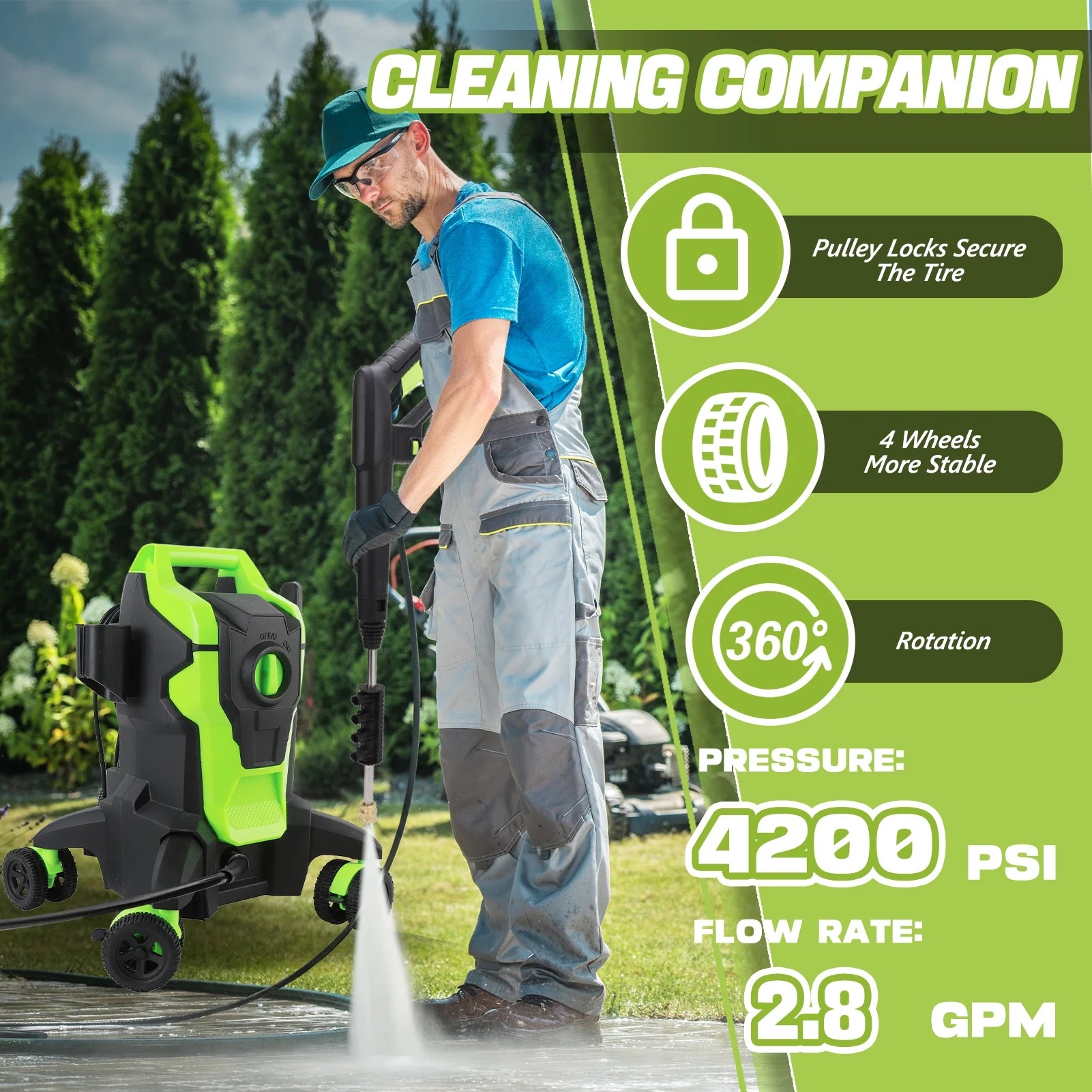 Electric Pressure Washer, 4000PSI Max. 2.8 GPM Power Washer w/ 32 ft Hose and 32 ft Power Cord, 4 Quick Connect Nozzles, 4 Wheels, Foam Cannon, Suitable For Clean Cars, Patios, Driveways - Image 2