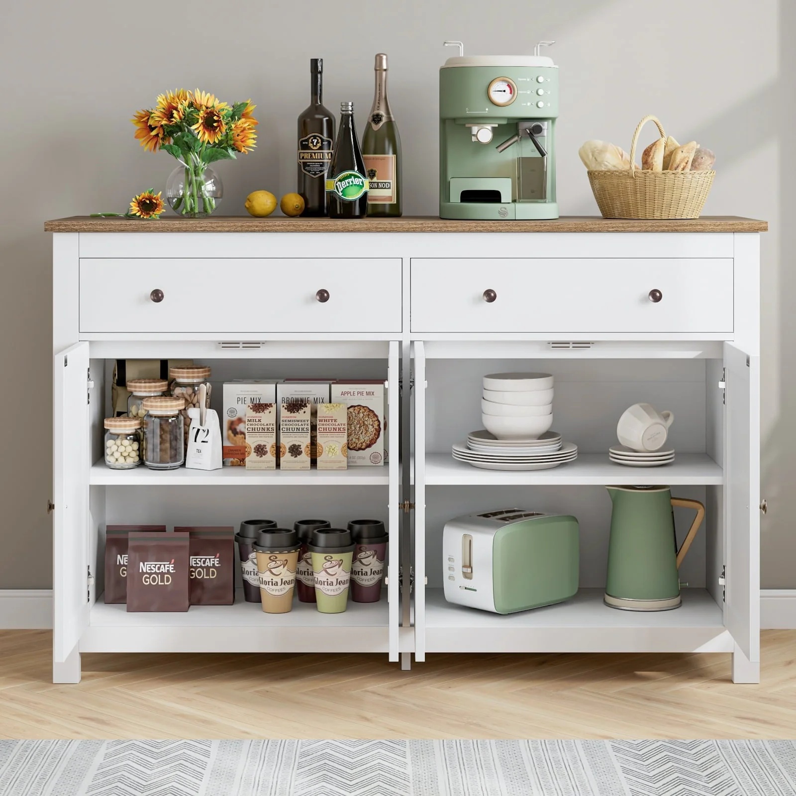 Homfa 4-Doors 2-Drawers Farmhouse Storage Cabinet, Wood Sideboard with Adjustable Shelves, White - Image 6