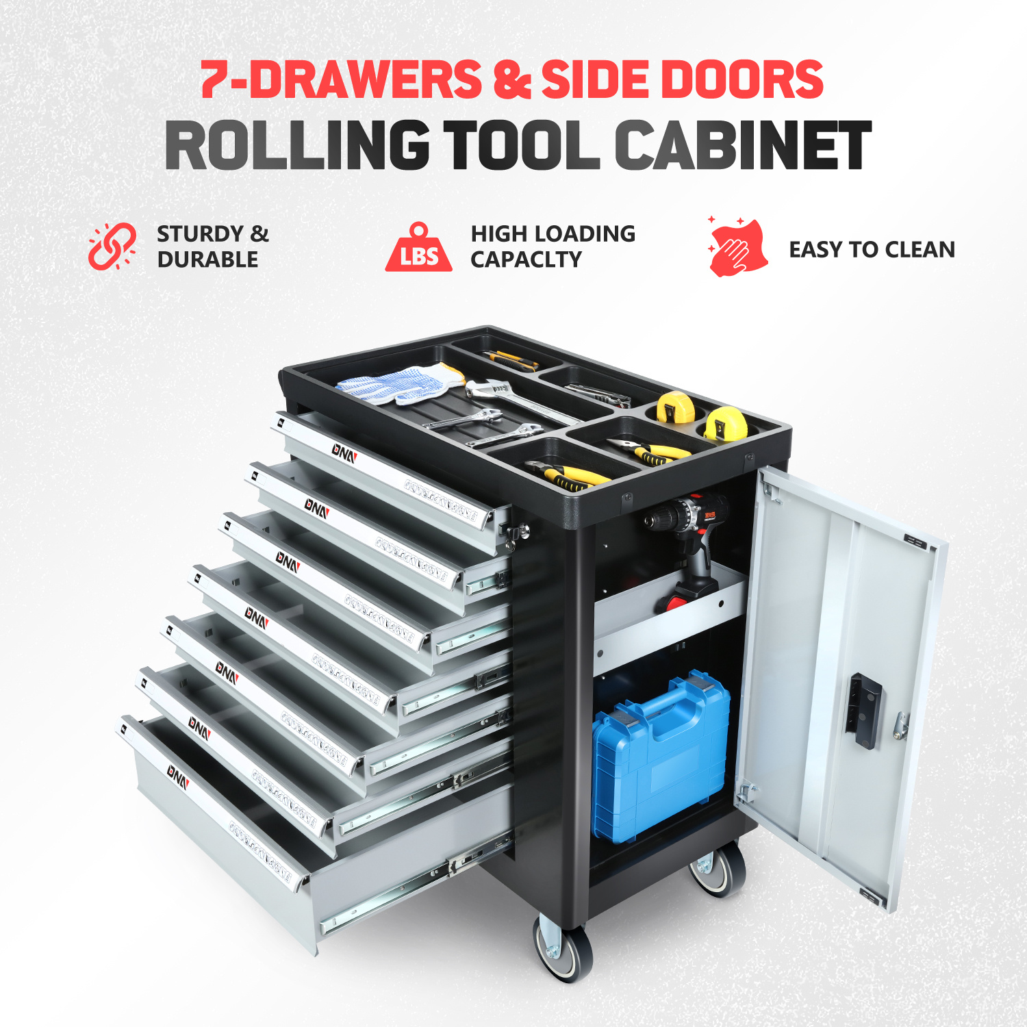 7-Drawers Rolling Tool Chest Cabinet with Casters, Locking System, Top Worktop, for Garage Warehouse Workshop, Grey - Image 4