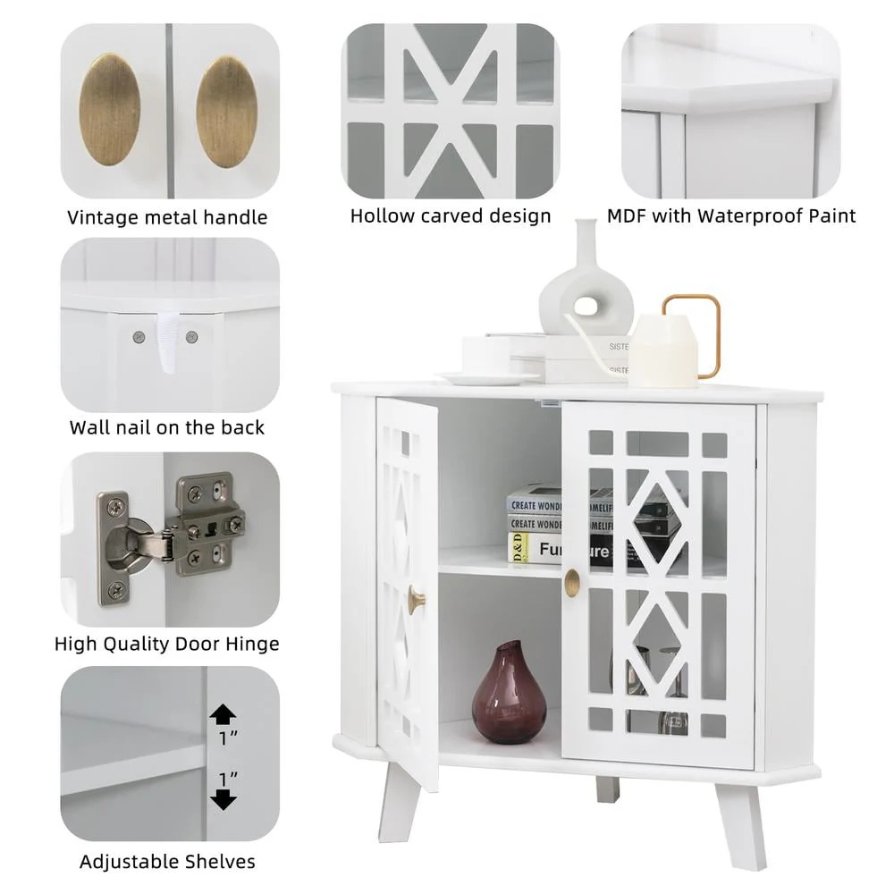 Eclife 32" Corner Sideboard Cabinet Freestanding Space Saving Storage Organizer with 2 Doors and 2-Tier Shelves, White - Image 5