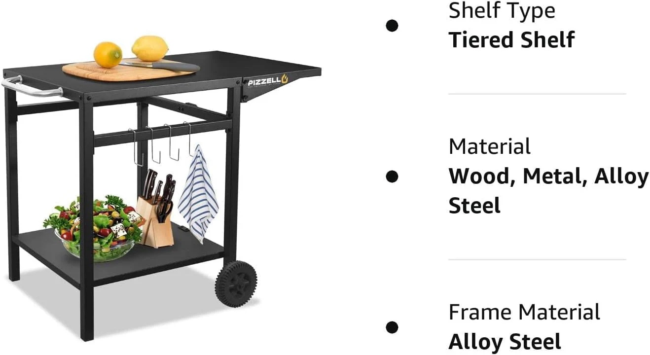 Pizzello Outdoor Bar Cart with Storage Wheel Hook Expandable Countertop, Black - Image 6
